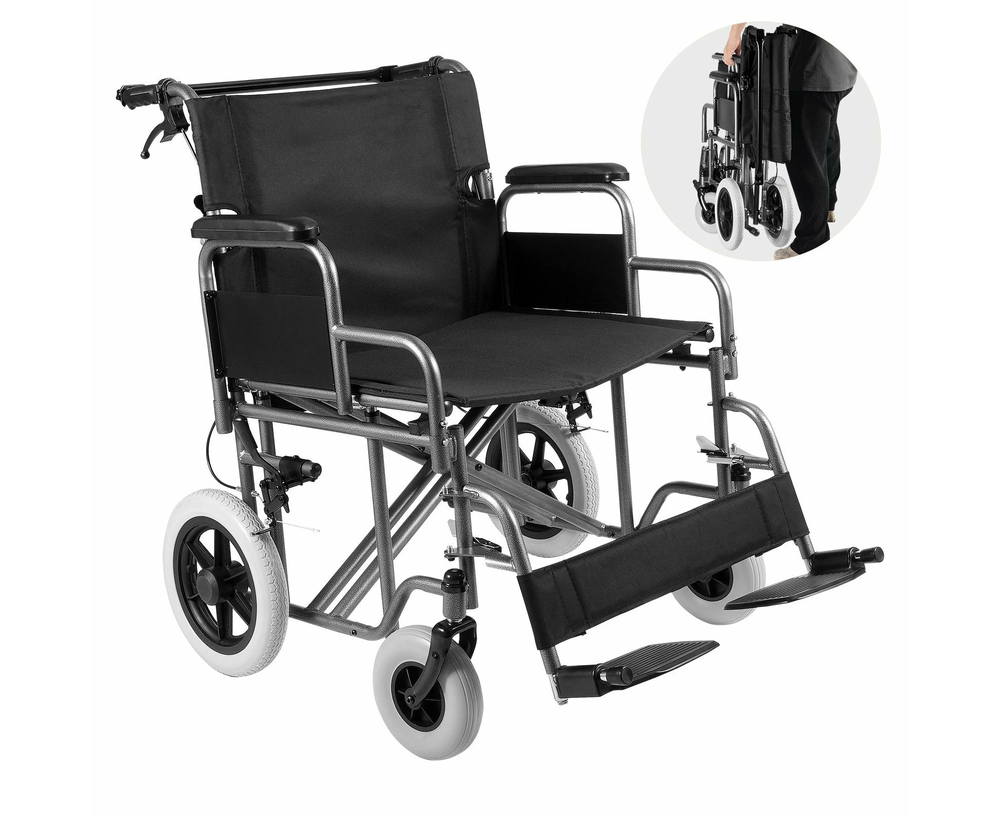 VEVOR Wheelchair Steel Transport Chair Foldable Wheelchair 24-In W Seat 300lbs