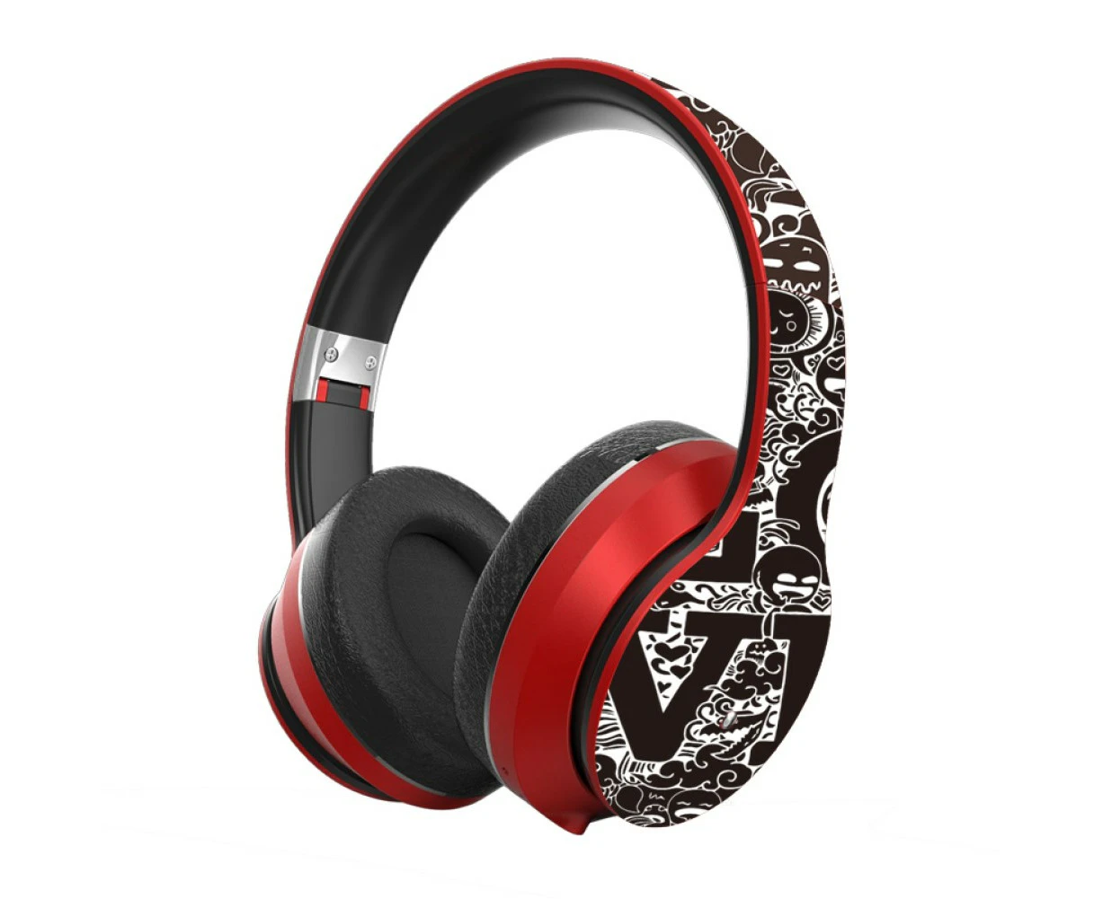 Bt Headset Graffiti Pattern Head-mounted Wireless Bluetooth Headphone Universal For Pc And Phone Plug-in Card Foldable Black Red