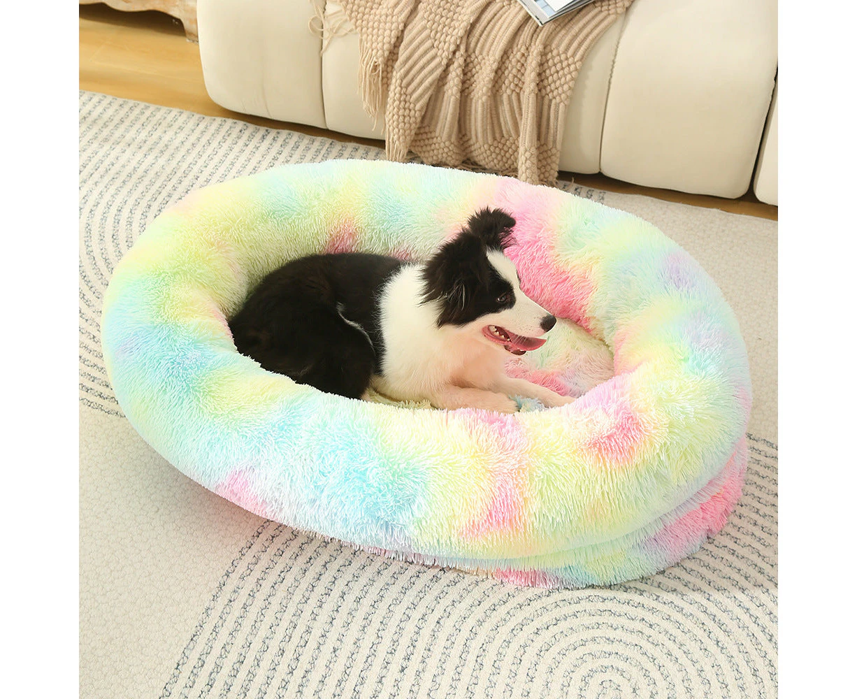 Fluffy Donut-Shaped Pet Bed- Soft, Cozy, and Anti-Anxiety for Dogs and Cats, Machine Washable  Rainbow-colored Size:M 75*55*18cm