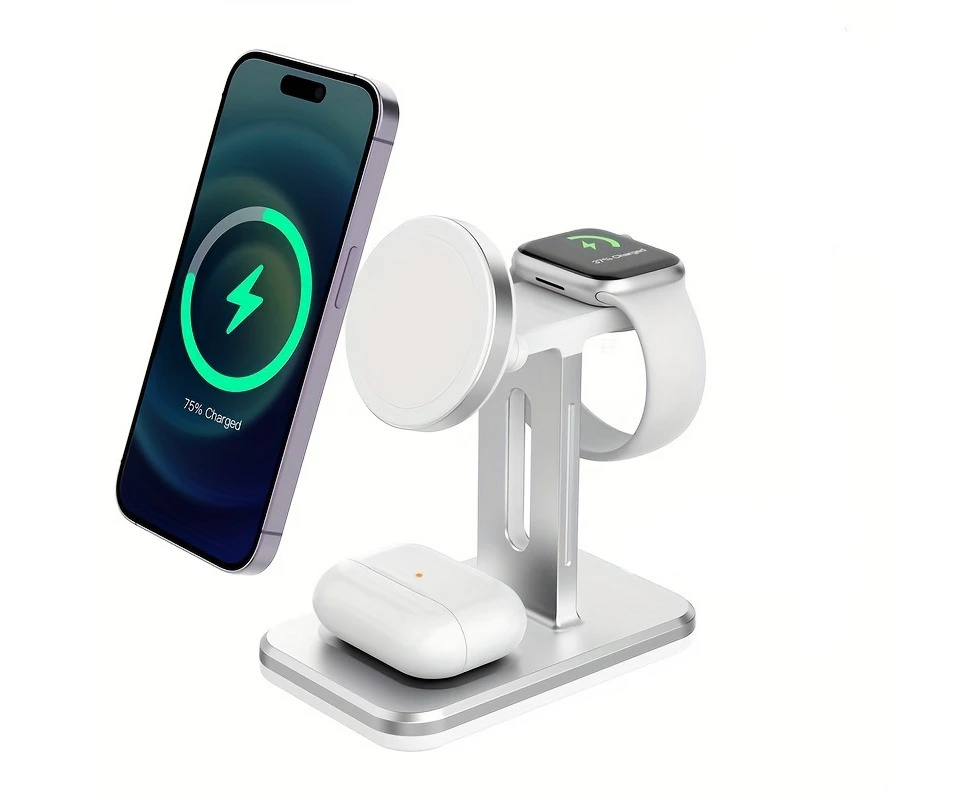 3 In 1 Magnetic Wireless Charger Stand, 15W Qi Fast Charging Dock Station Holder Compatible With IPhone 16/15/14/13/12 Pro , For IWatch, AirPods