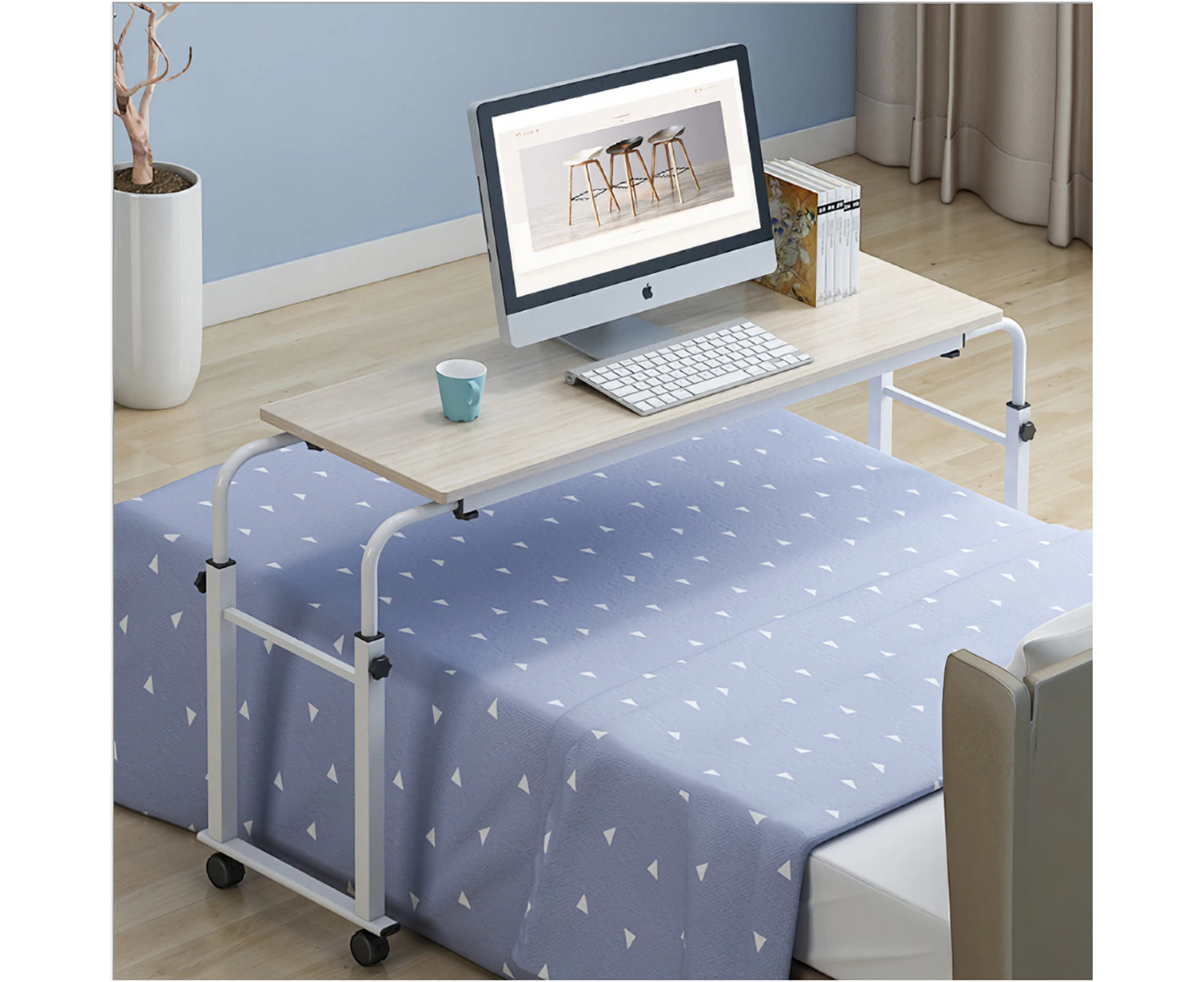 Adjustable Rolling Laptop Computer Desk Bed Desk Over Bed Lap Desk Table Foldable Breakfast Serving Bed Tray With Wheels - White Maple L