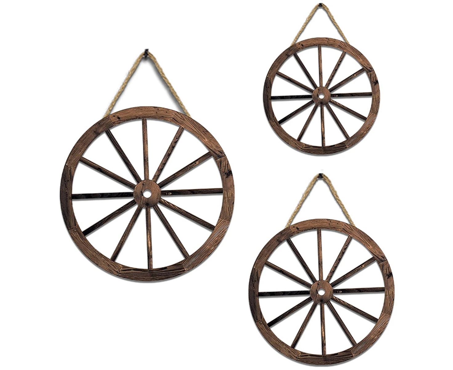 3Pcs Wooden Wagon Wheel Wall Hanging Rustic Garden Wall Art Vintage Hanging for Home Garage Wheel Shaped Pendant Decor