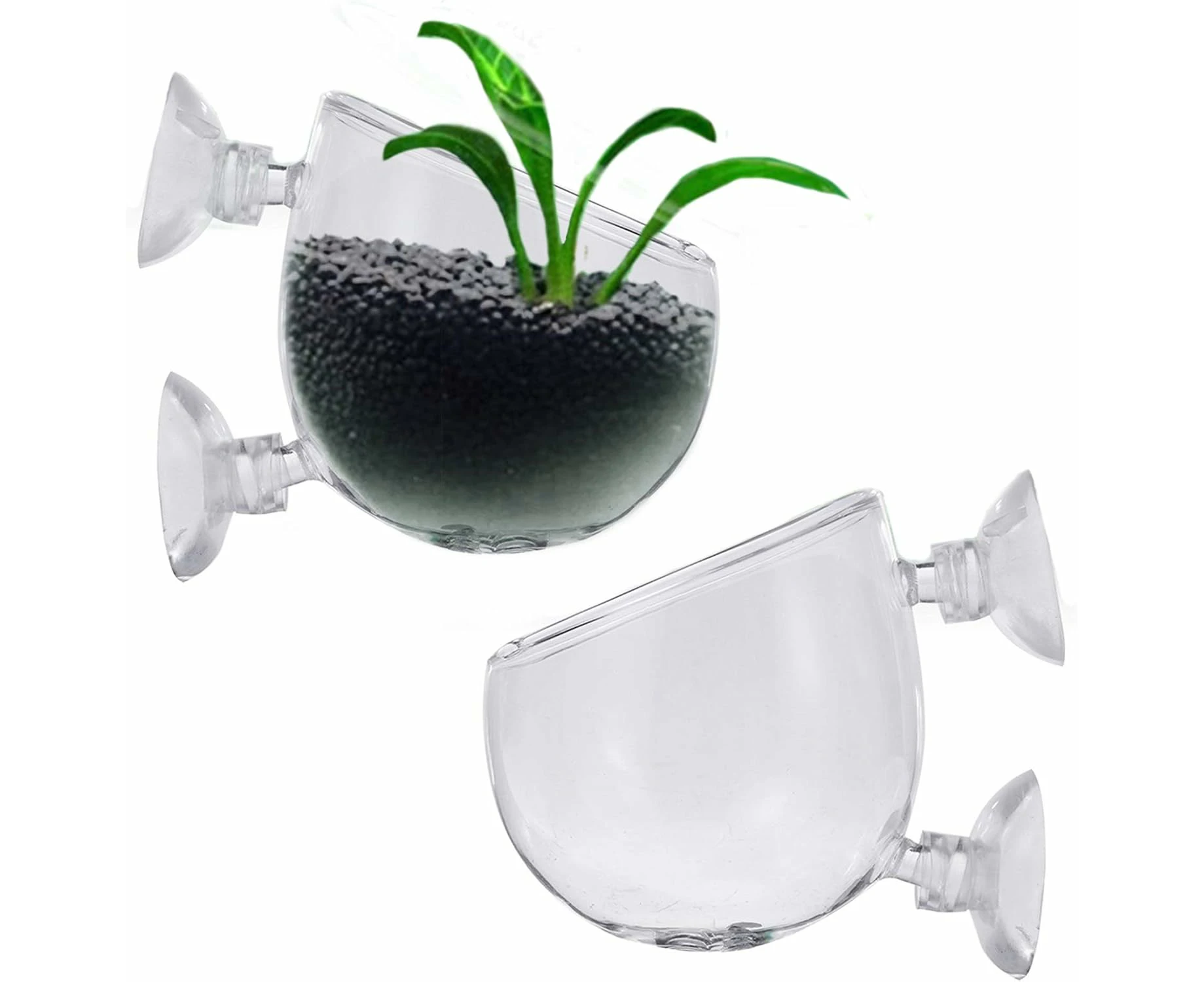 2 Pieces Aquarium Glass Cup Pot, Aquarium Plant Holder With Suction Cup, Aquarium Plants Crystal Glass Cup, For Aquarium Fish Tank Aquascaping