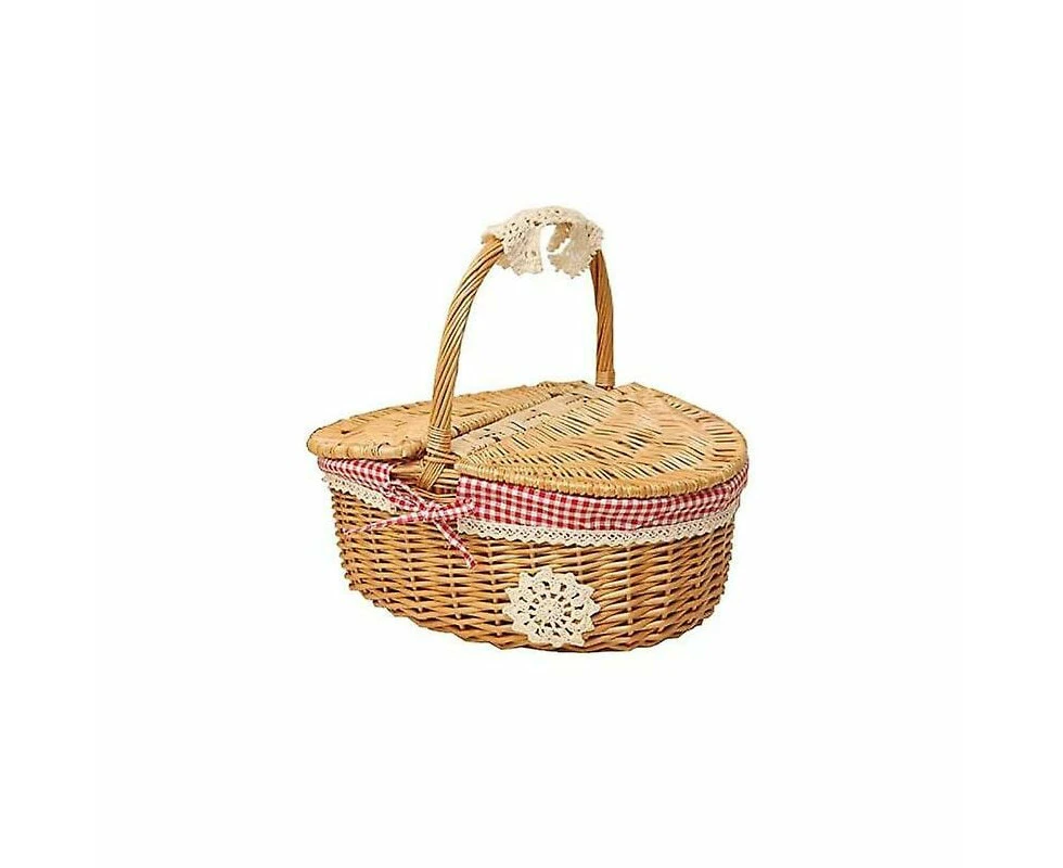 Wicker Picnic Basket with Lid - Country Style with Red and White Plaid Cotton Lining - Picnic Basket