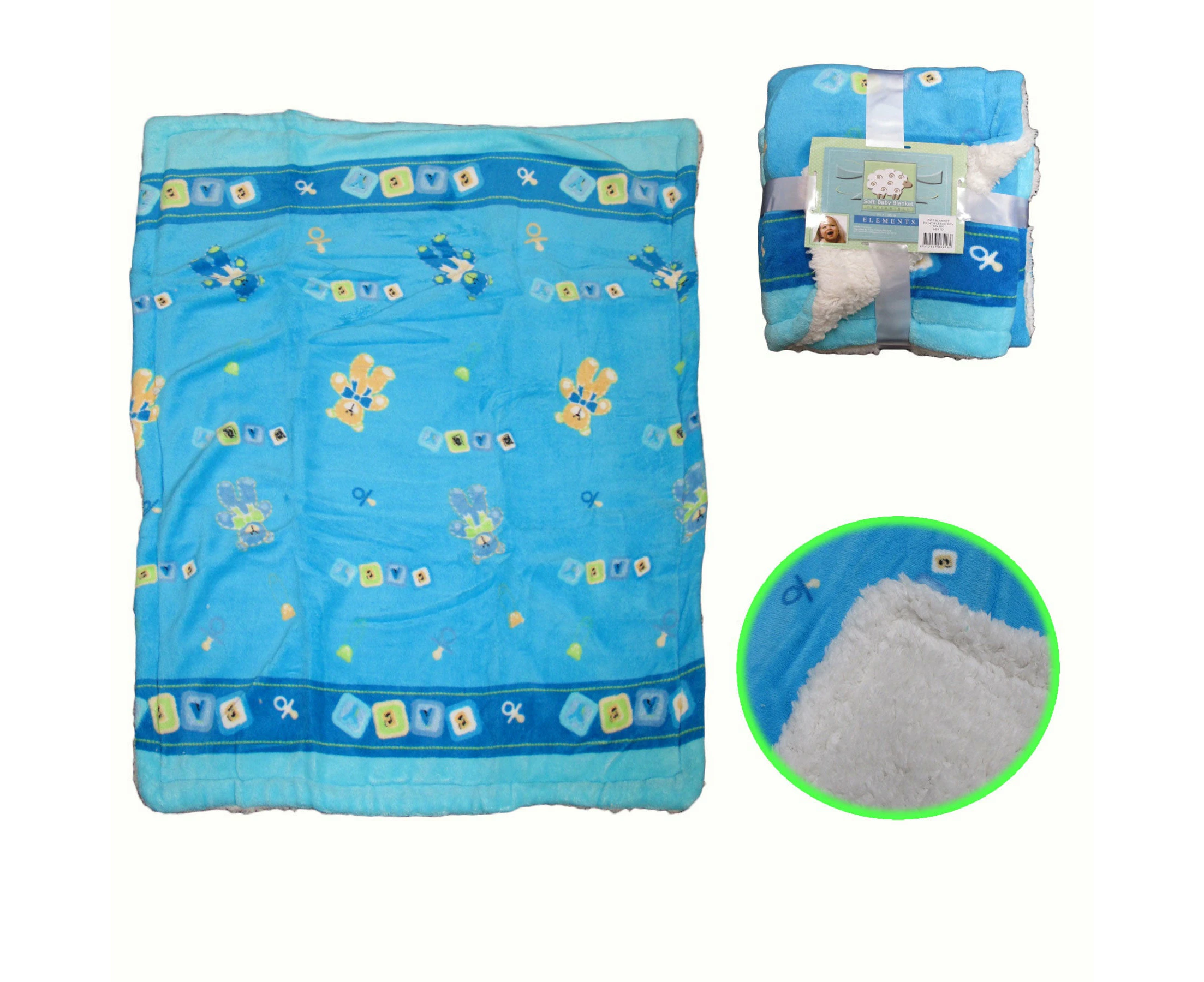 Elements Kids Childrens Nursery Coral Fleece Blanket Blue Teddy 100 x 80cm