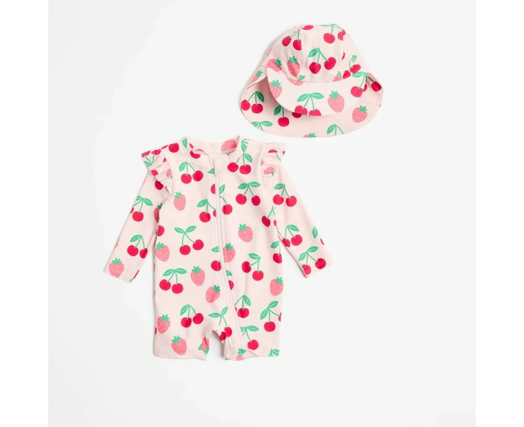 Target Baby Unitard Swim Set with Hat 2 Piece - Strawberry