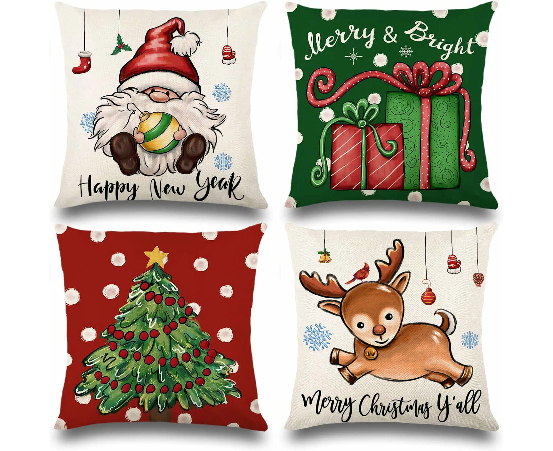 Set of 4 Christmas Pillow Covers 18x18 Inch Red Green Retro Farmhouse Santa Christmas Tree Gift Deer Pillowcase for Home Bedroom Sofa Decoration Pillowcase