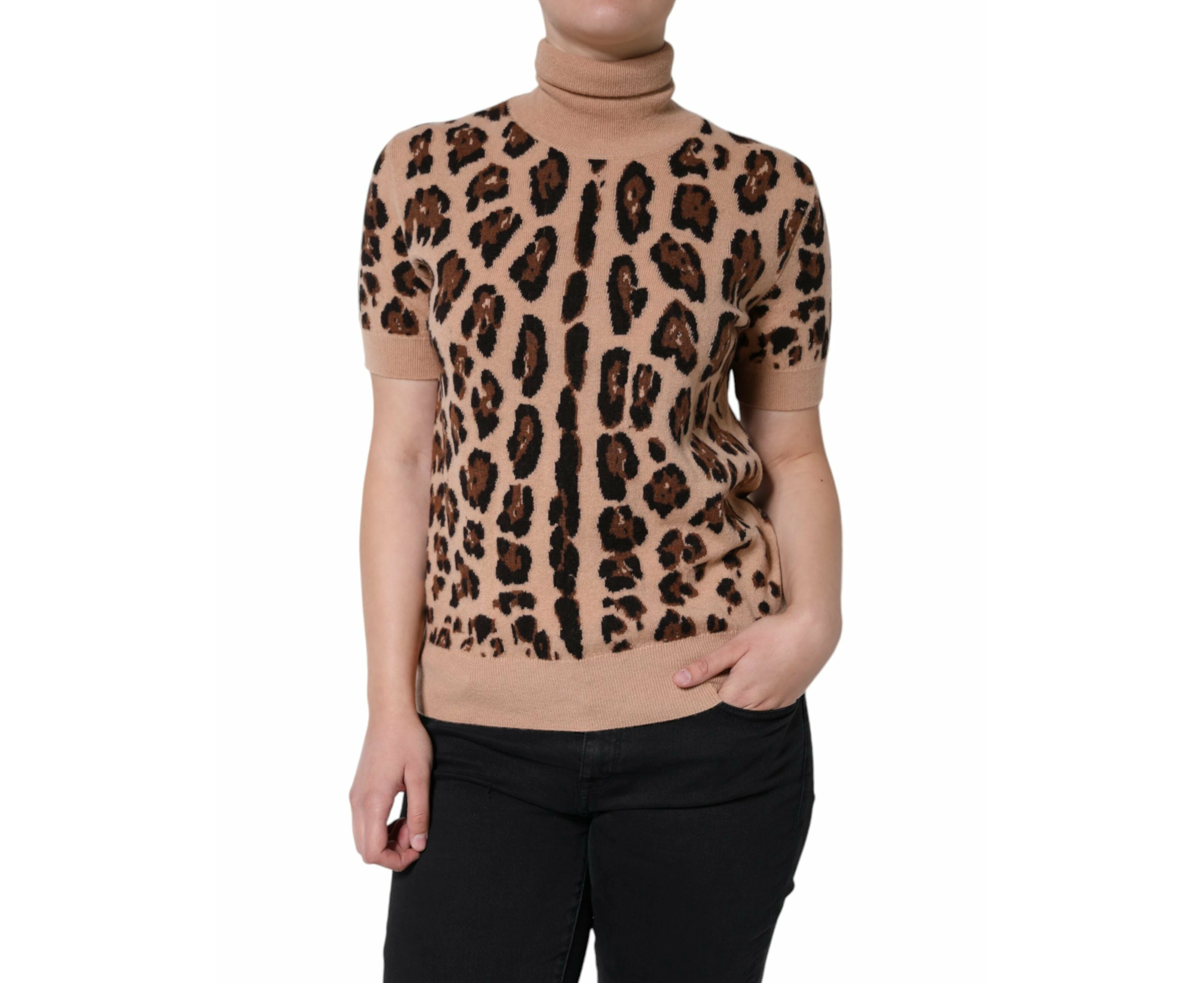 Dolce & Gabbana Beige Leopard Print Wool Turtleneck Top