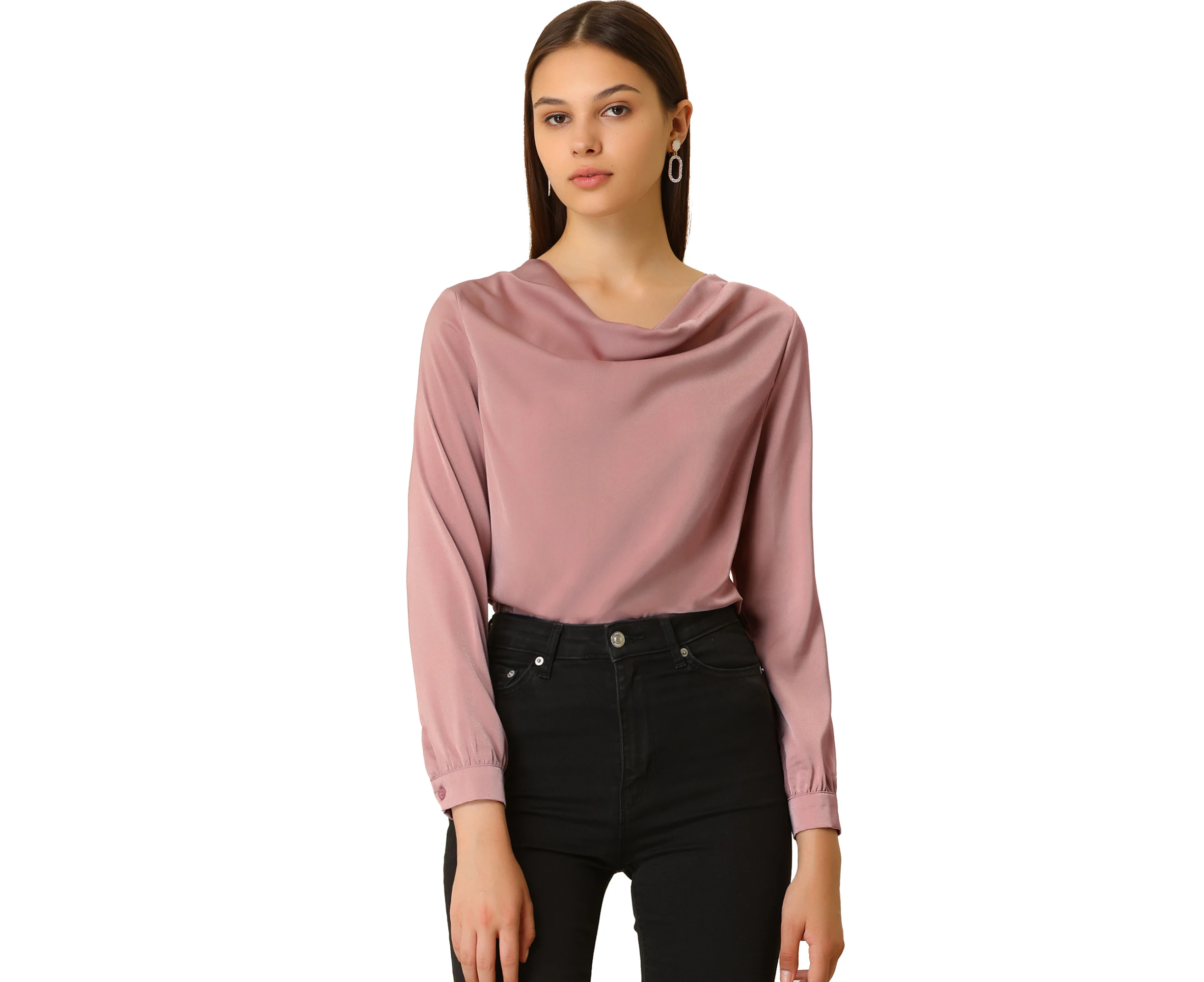 Allegra K Cowl Neck Elegant Satin Blouse Dusty Pink