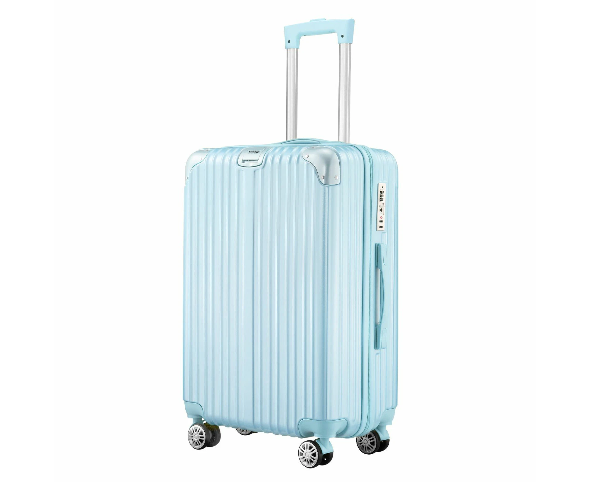 24 Inch Luggage Carry On Suitcase Traveller Hard Shell Cabin Checked Bag Lightweight Rolling Trolley TSA Lock Front Hook Pale Blue