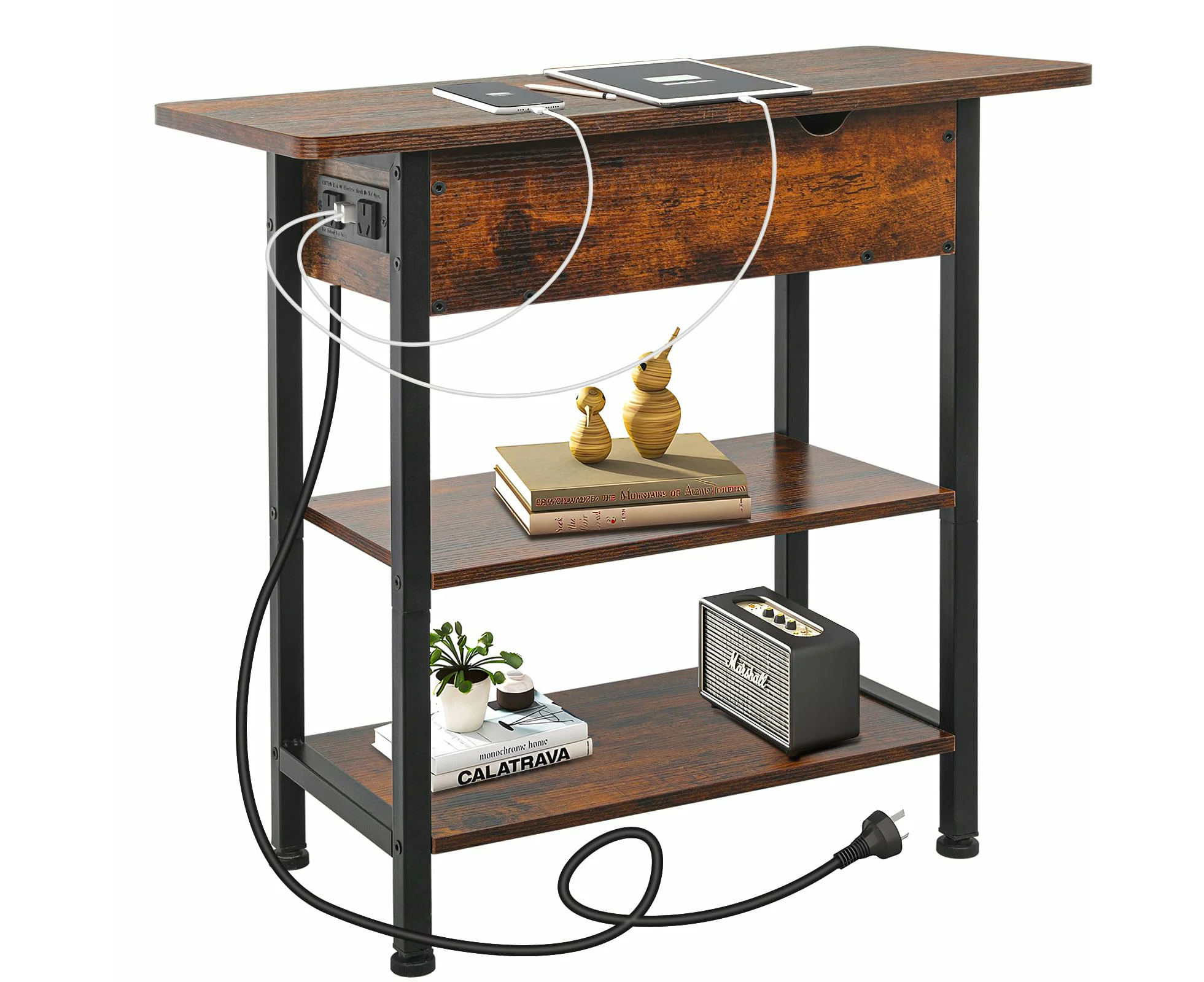 Side Table with Charging Station（Upgraded）End Table with USB Ports and Outlets, Nightstand for Small Spaces, Bedside Tables with Storage Shelf