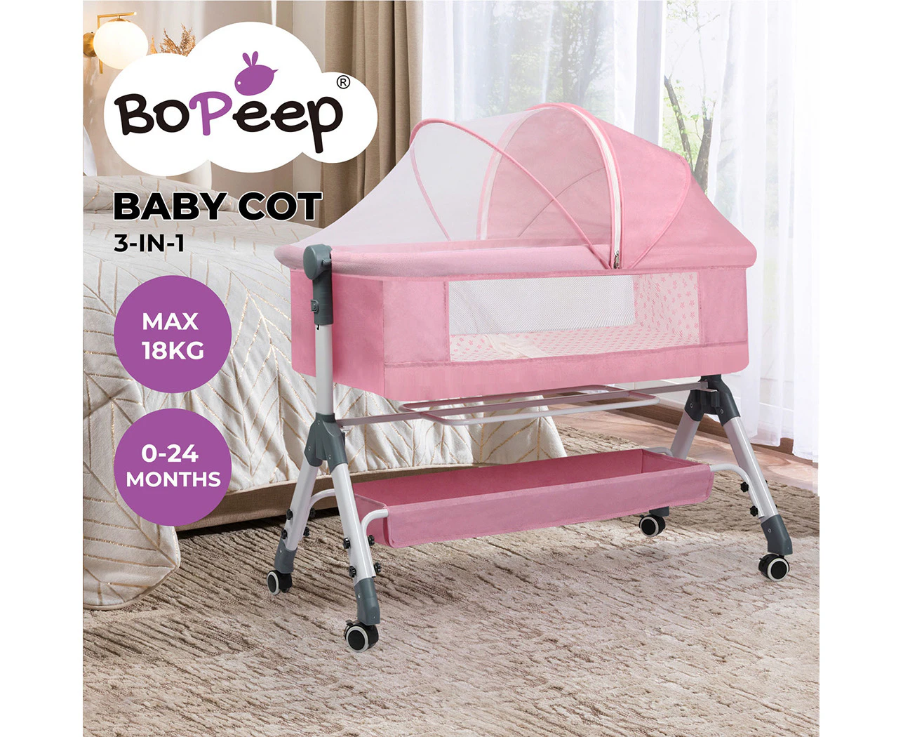 Bopeep Baby Cot Bed Crib Portable Bassinet Safety Fence Adjustable Bedside Pink