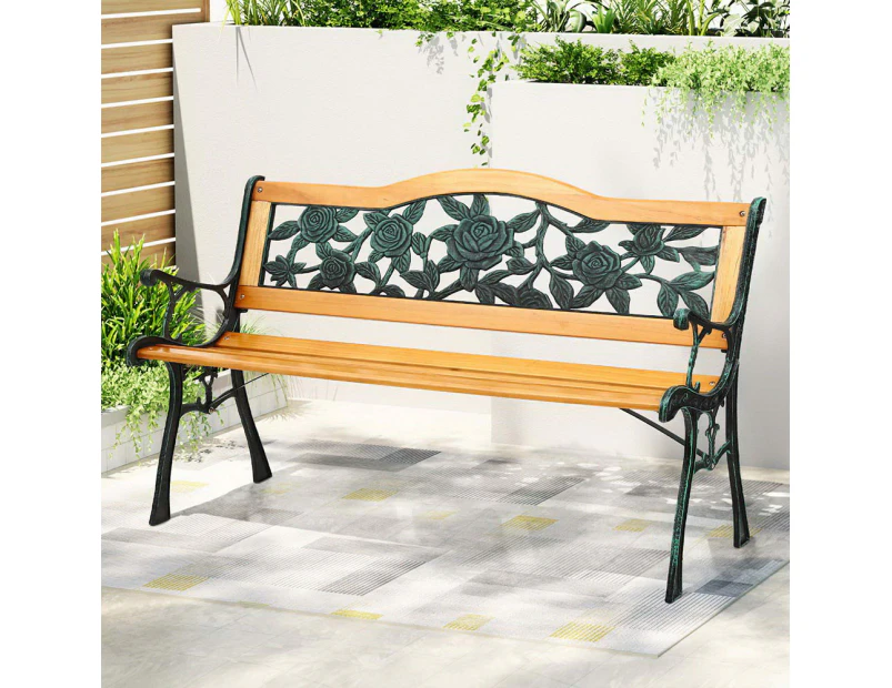 Gardeon Outdoor Garden Bench Seat 126cm Wooden Cast Iron 3 Seater Patio Furniture