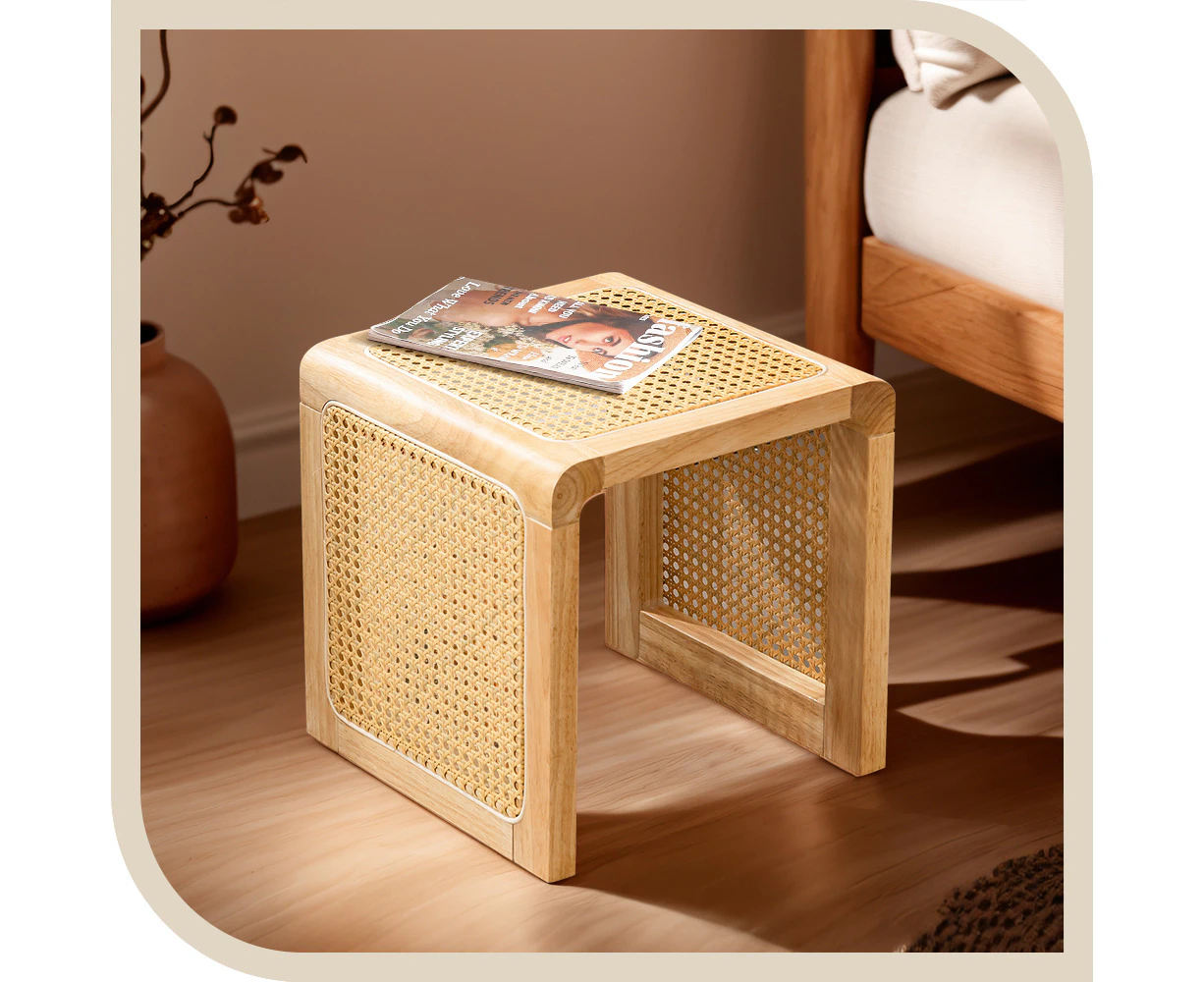 Furb 35CM Coffee Side Table,  Modern Accent Bedside Table with Natural Cane Webbing