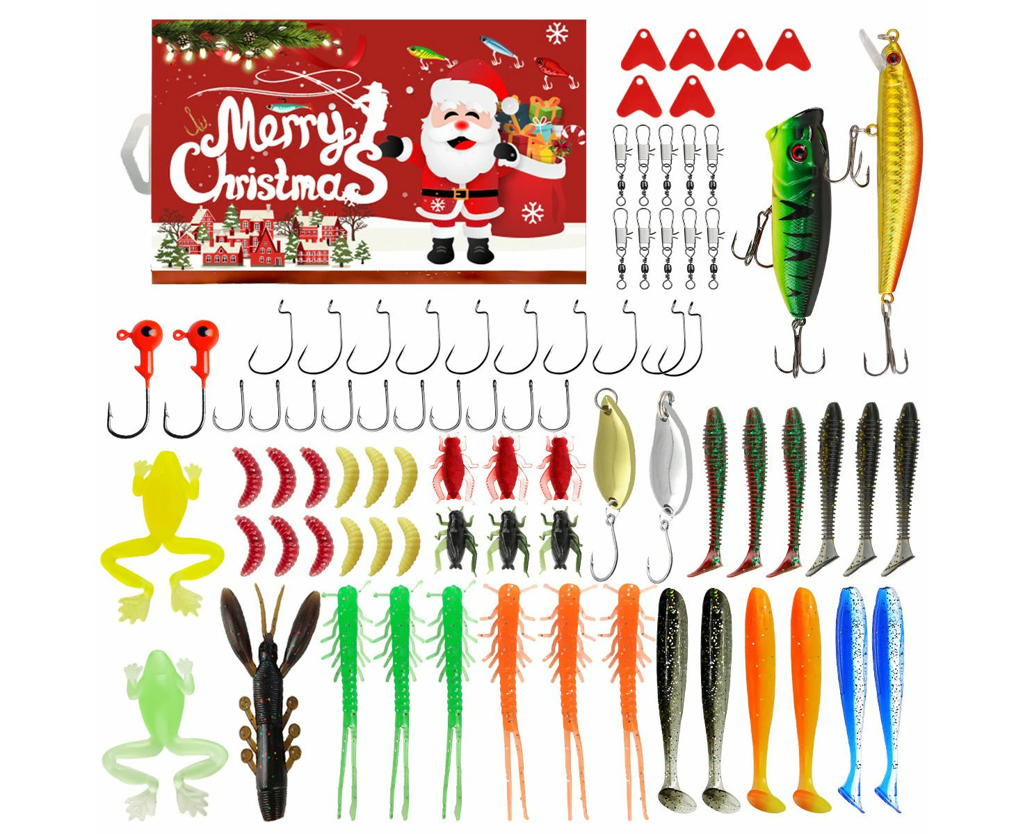 Fishing Advent Calendar,Christmas Countdown 24 Days,Fish Tackle Set,Christmas Surprise Fishing Bait Gift 82 Pcs,Fishing Lures Set(Red)