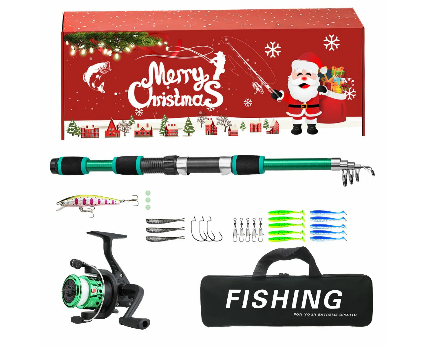 Christmas Fishing Rod and Reel Combo Kit Lightweight Starter Set Saltwater Freshwater Great Christmas Gift Color Green