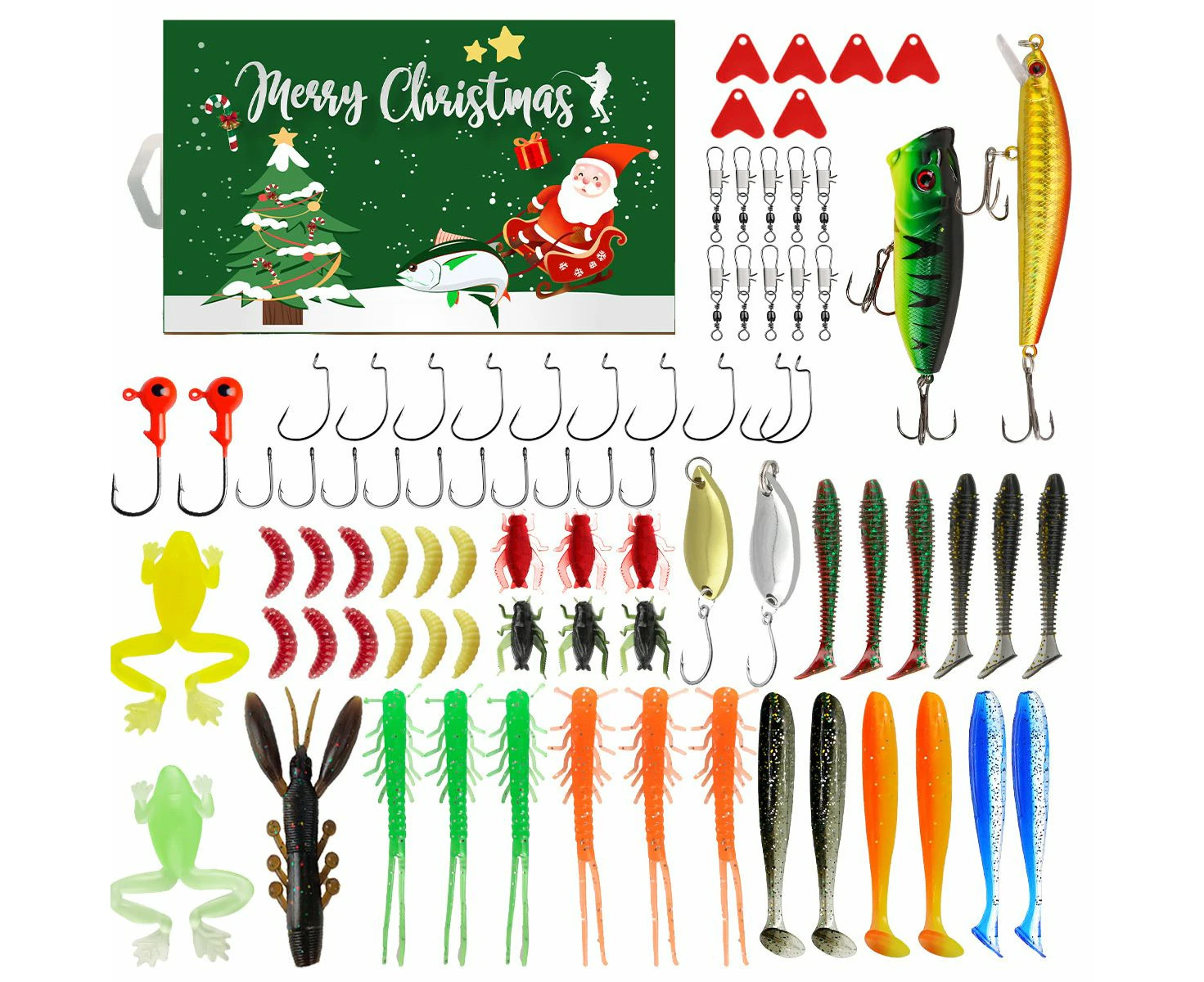 Fishing Advent Calendar,Christmas Countdown 24 Days,Fish Tackle Set,Christmas Surprise Fishing Bait Gift 82 Pcs,Fishing Lures Set(Green)