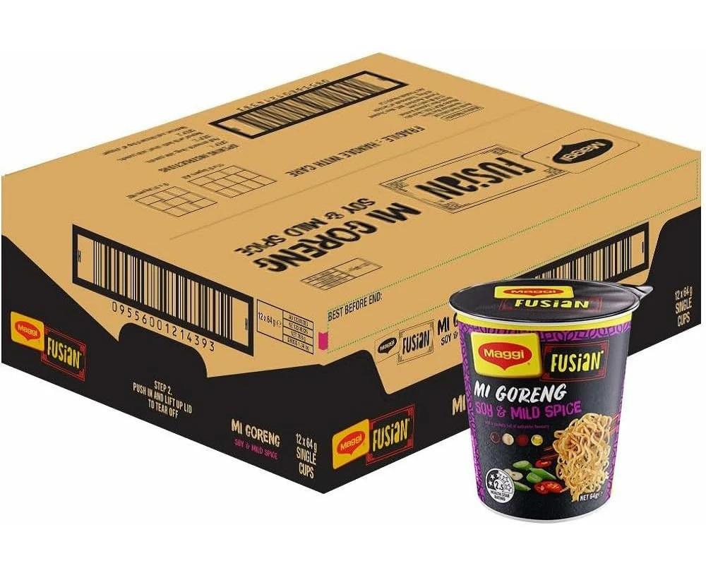 MAGGI FUSIAN Noodle Cup Mi Goreng Soy And Mild Spice 12 Pack