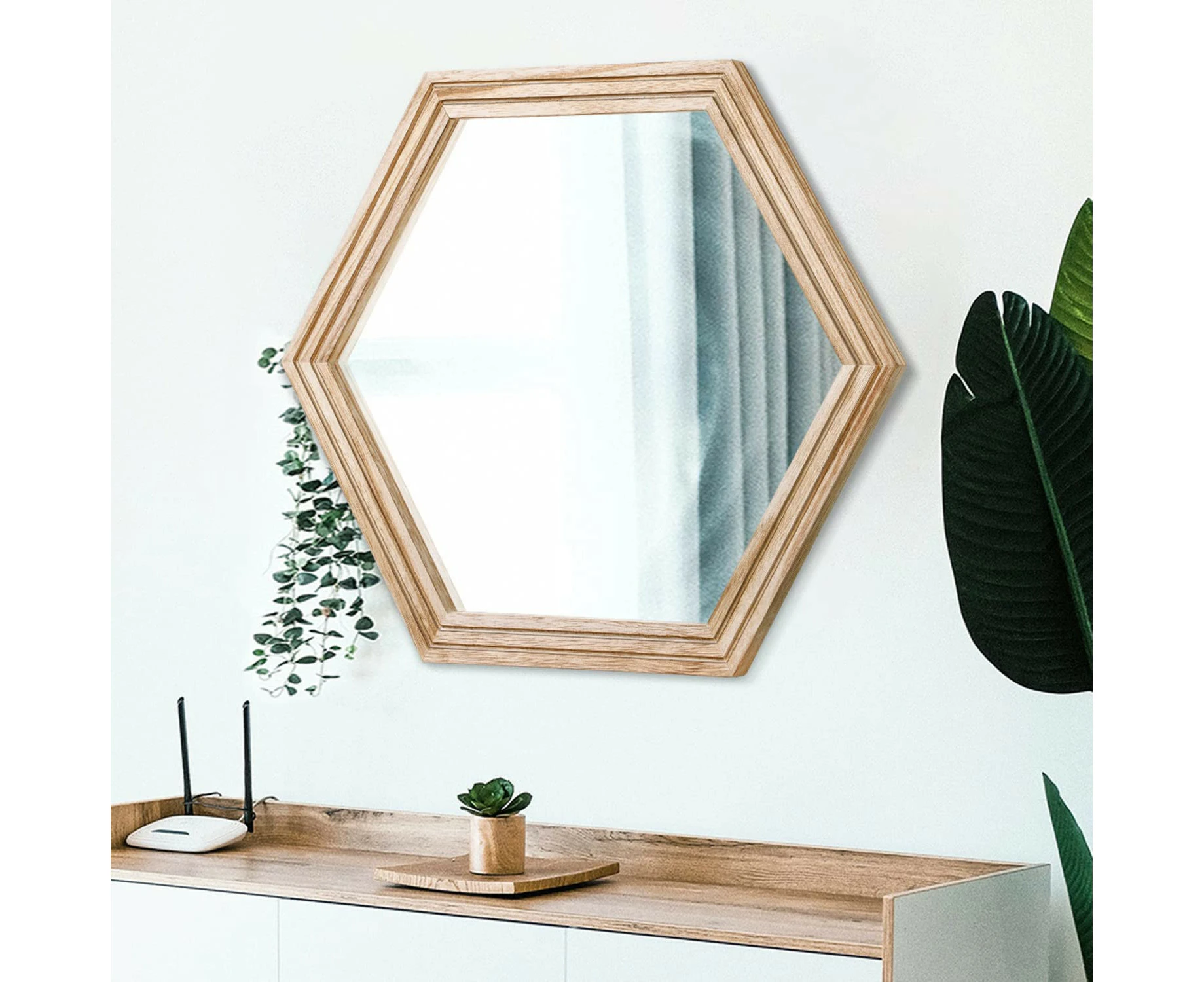 Wall Mirror Frame Mirror Rustic Wood Frame Rustic Bathroom Vanity Mirror Modern Hexagon Mirror for Farmhouse Living Room