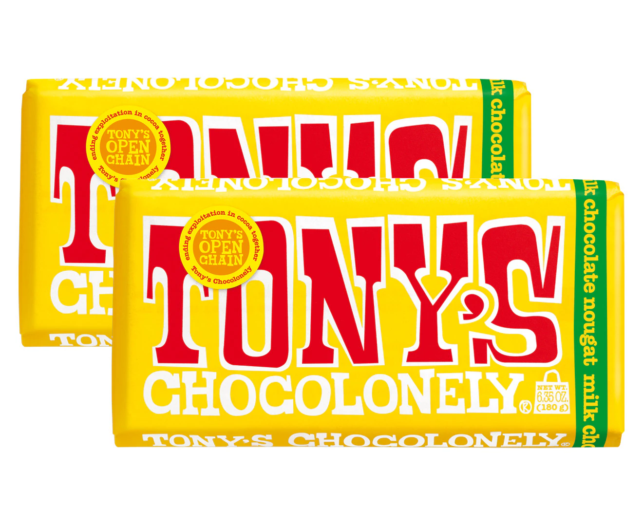 2 x Tony's Chocolonely Bar Milk Chocolate Honey Almond Nougat 180g