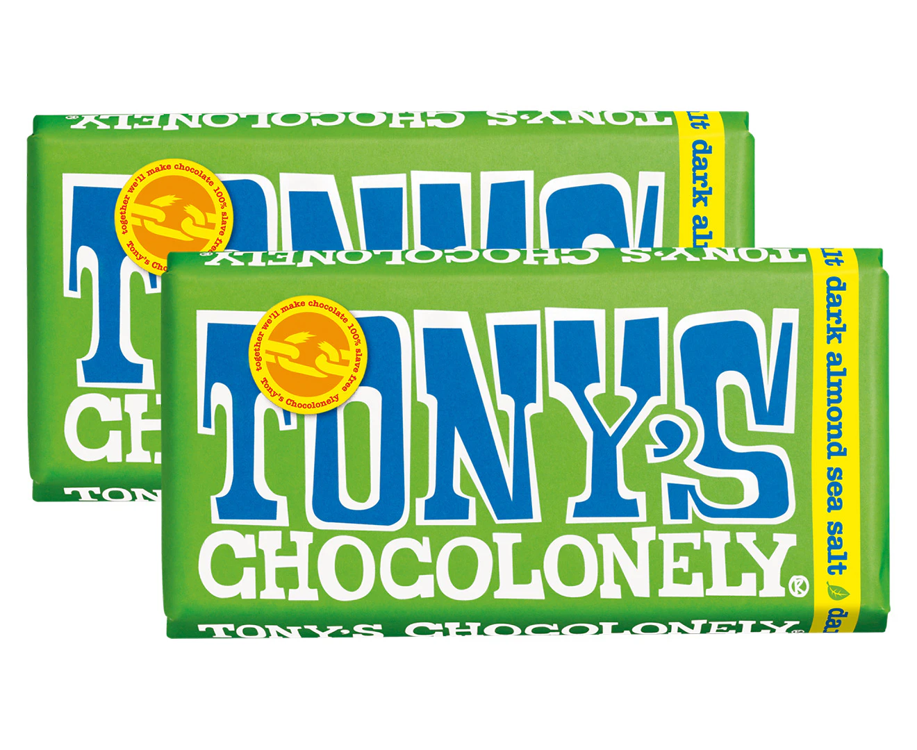 2 x Tony's Chocolonely Bar Dark Chocolate Almond Sea Salt 180g