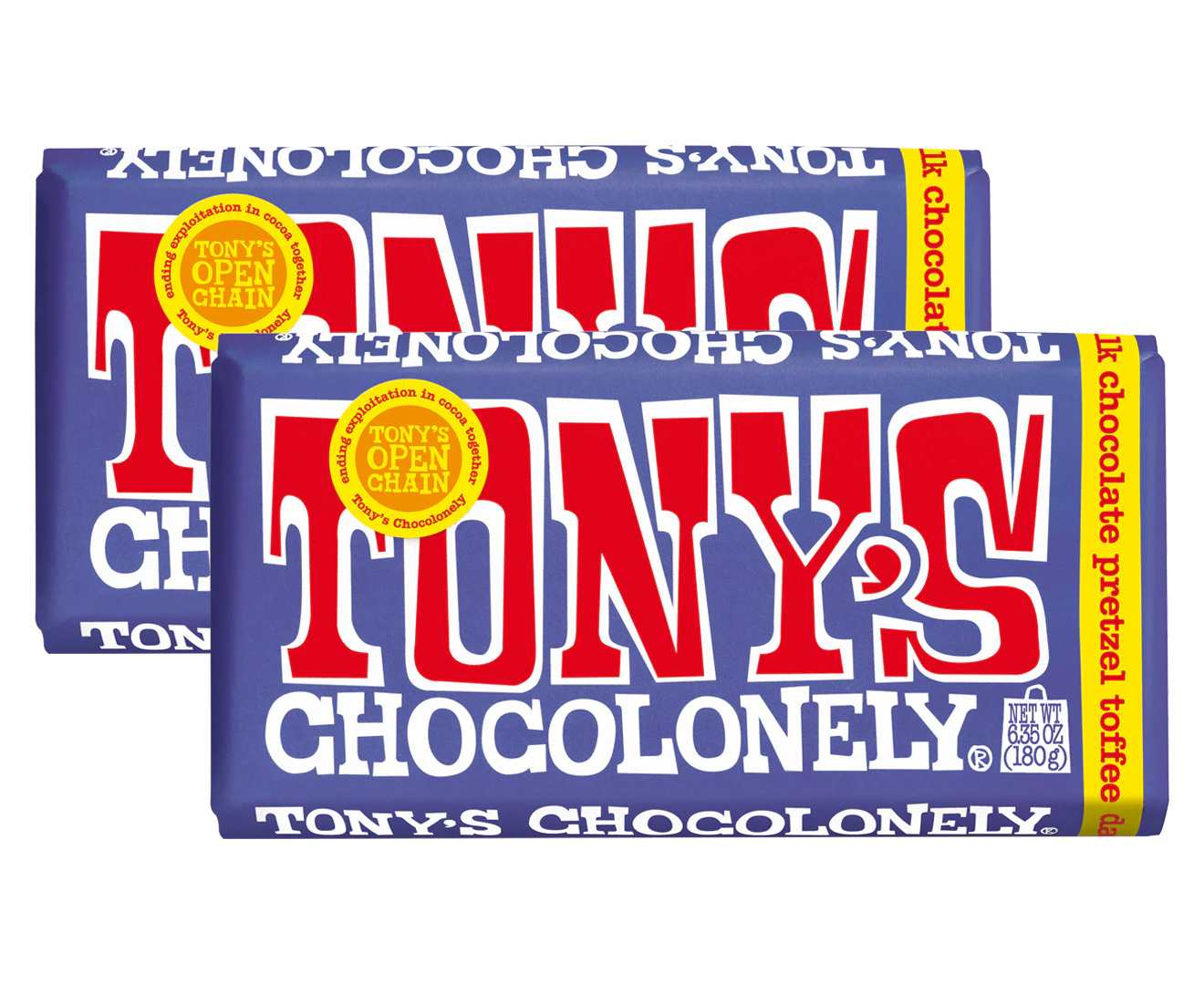 2 x Tony's Chocolonely Bar Dark Milk Chocolate Pretzel Toffee 180g