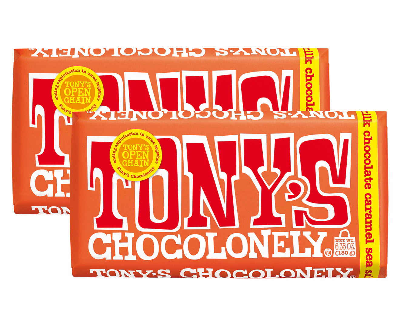 2 x Tony's Chocolonely Bar Milk Chocolate Caramel Sea Salt 180g