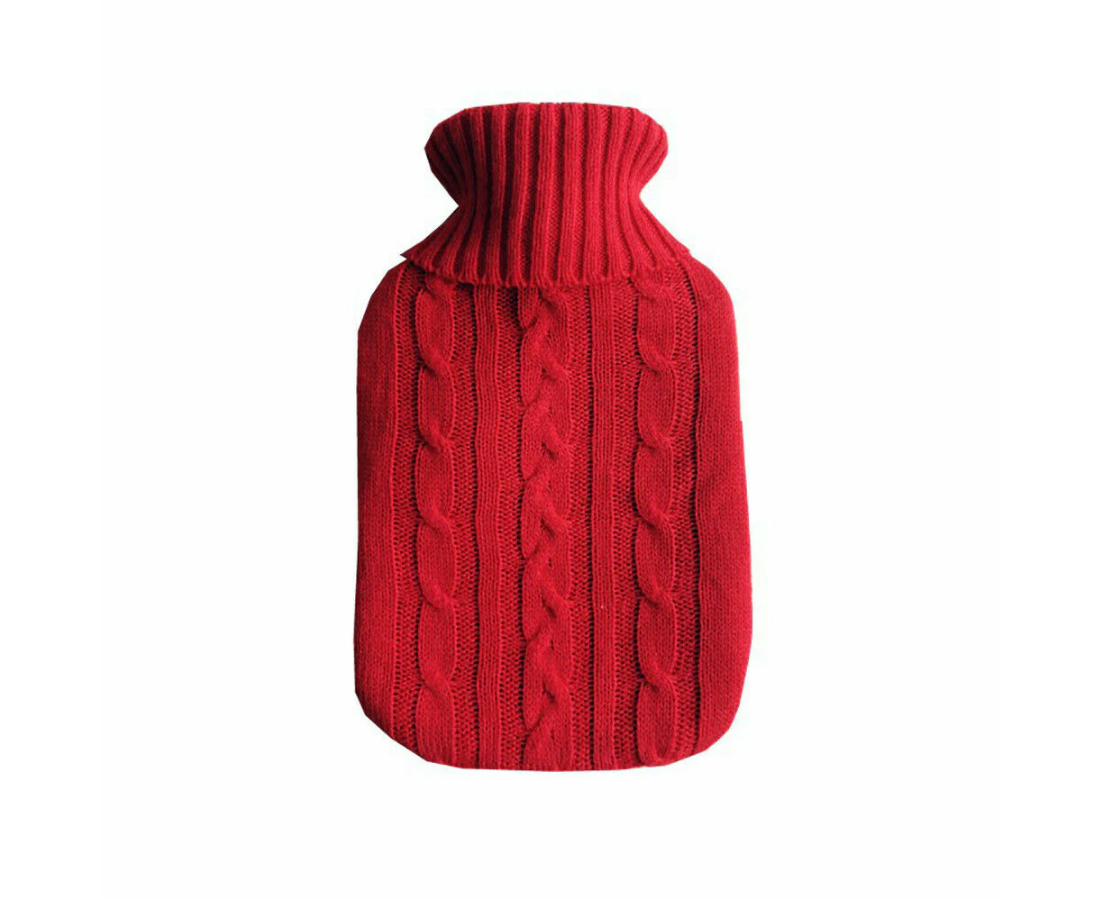 2.0 Litre Winter Hot Water Bottle Cover Knitted Warmer Grey Heat Soft Bag - Red