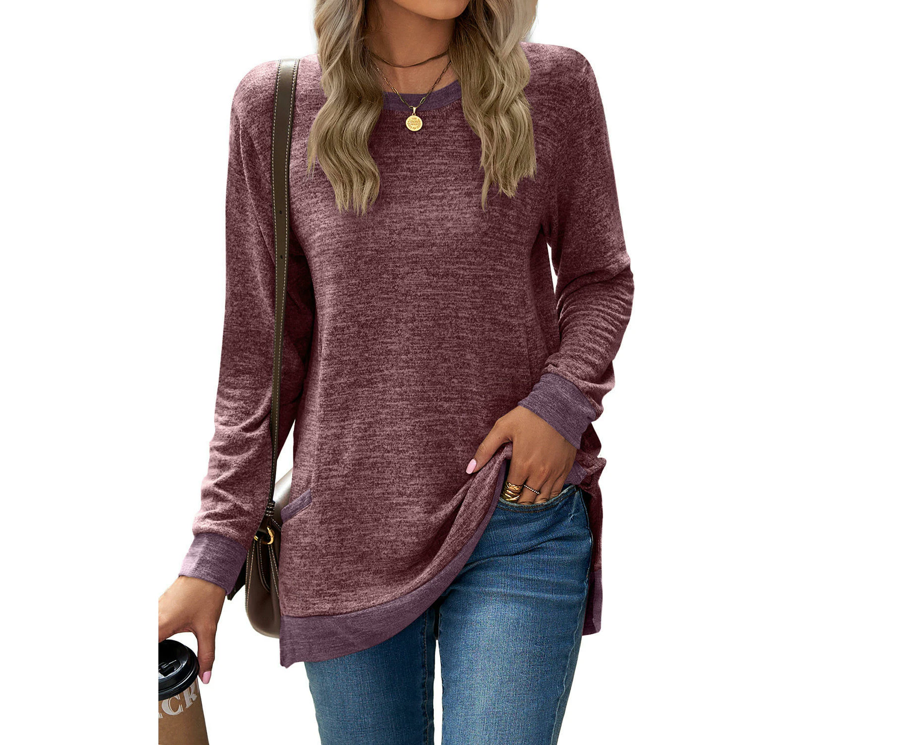 Women's Casual Long Sleeve Color Block Tops Crewneck Loose Fit T Shirt with Pockets-Wine red