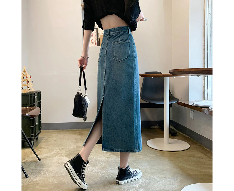 Spring women's medium-length skirt high waist slim A-line skirt 2024 new denim slit skirt