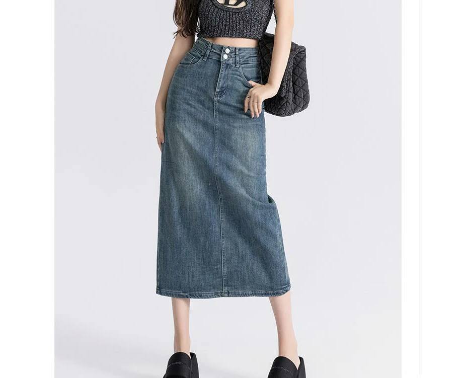 Women's Vintage Casual High Waist Jean Skirt A Line Split Midi Denim Skirt-blue