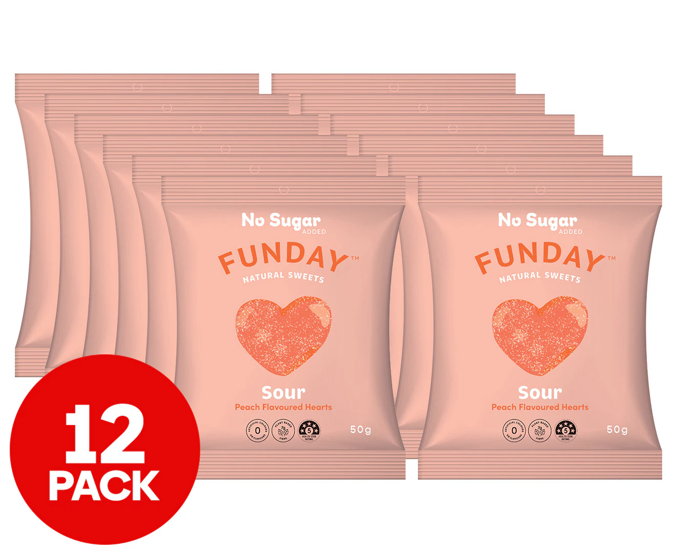 12 x Funday Sour Hearts Peach 50g