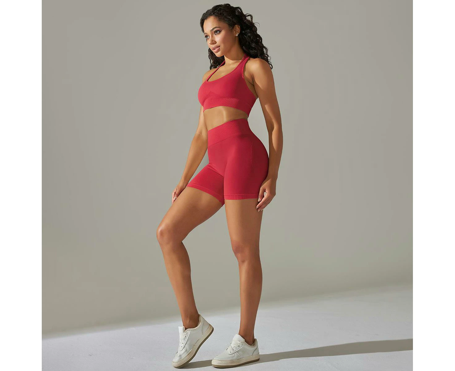 Workout Sets for Women 2 Piece High Waisted Seamless Leggings Matched Halter Neck Sports Bra Set-6610-Red