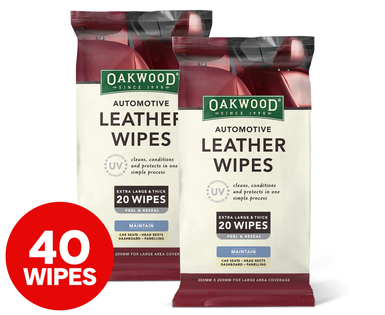 2 x 20pk Oakwood Automotive Leather Wipes