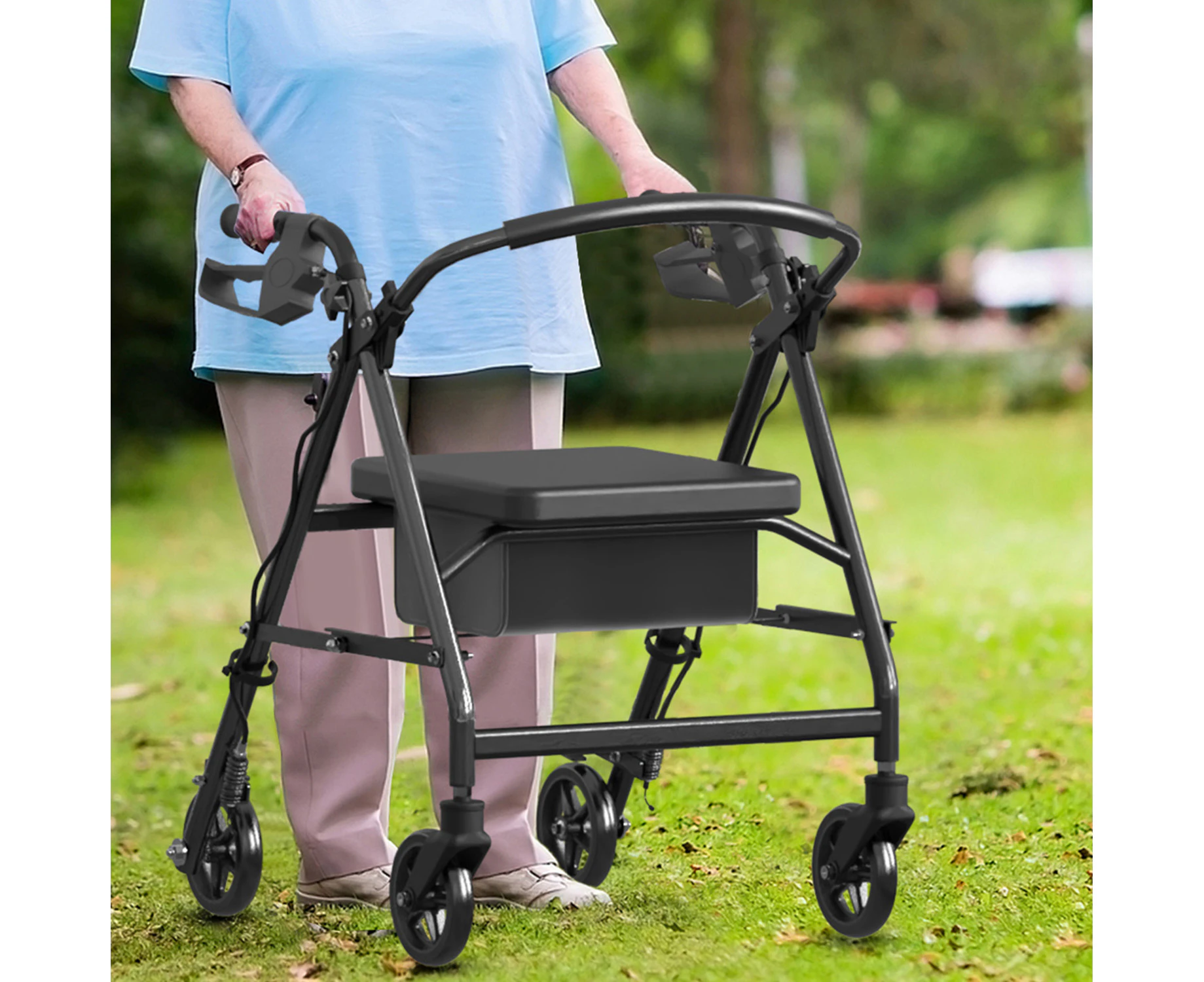 Advwin Foldable Lightweight 4-Wheel Rollator Walker with Padded Seat Adjustable Height