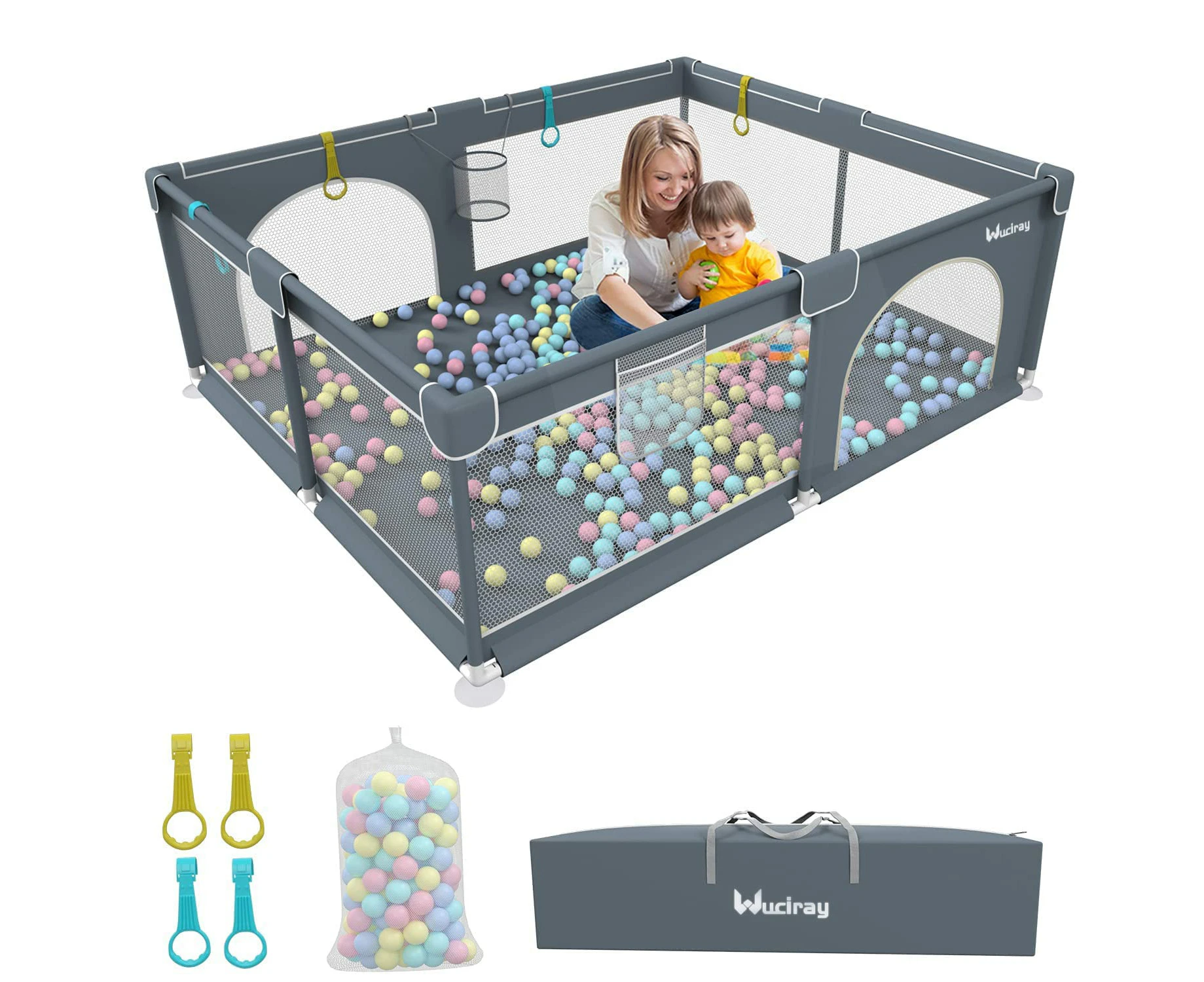 Baby Playpen 200 x 160 cm with 50 Ocean Balls, 4X Pull Rings, Non-Slip Play pen for Toddlers with Durable Zippered Door, Storage Bag for Outdoor Use