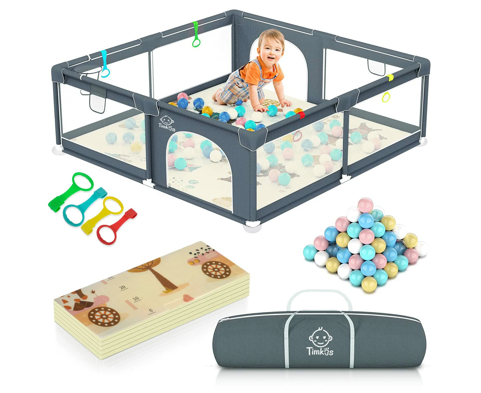 Baby Playpen with Mat 180×150cm, Baby Play Pen Extra-Large Playpens Play Mat with 50 Balls Pit, 4X Handlers