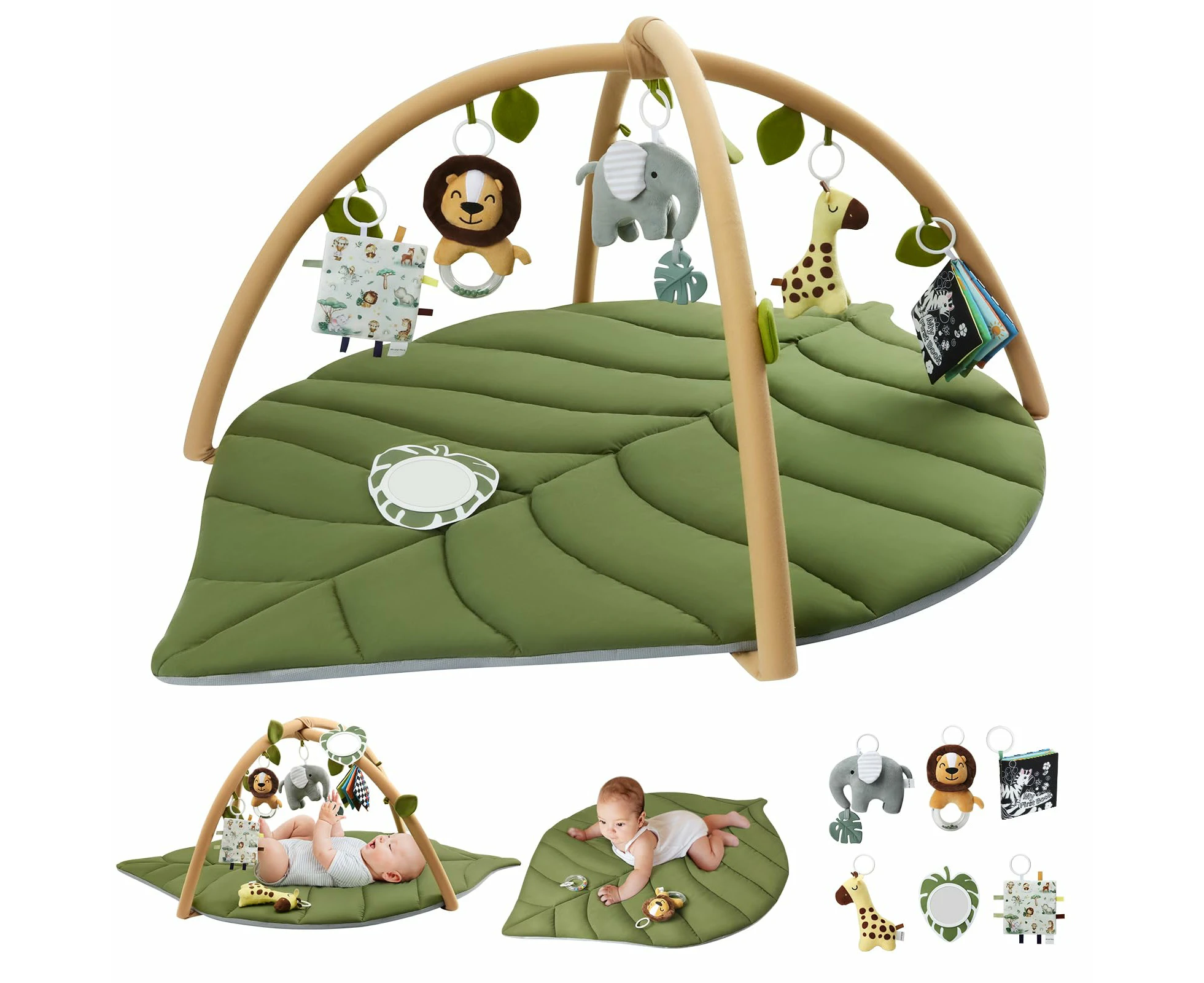 Baby Play Gym & Activity Mat, Oversize Leaf Shaped Baby Play Mat w 6 Detachable Toys, Tummy Time Mat Promote Motor Skills & Sensory Development Mat