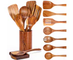 9 Piece Natural Teak Wooden Kitchen Utensil Set with Spoon Rest - Comfort Grip Cooking Spoons and Utensils Holder