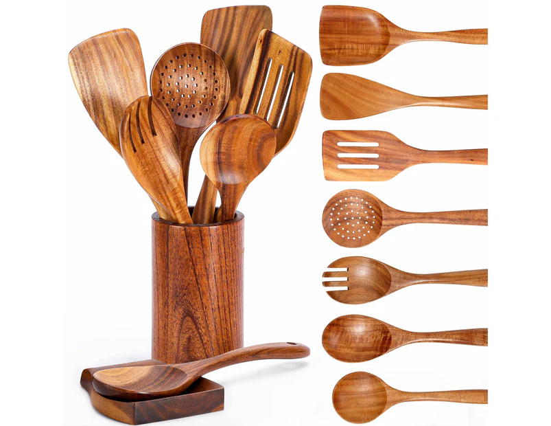 9 Piece Natural Teak Wooden Kitchen Utensil Set with Spoon Rest - Comfort Grip Cooking Spoons and Utensils Holder