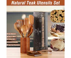 9 Piece Natural Teak Wooden Kitchen Utensil Set with Spoon Rest - Comfort Grip Cooking Spoons and Utensils Holder