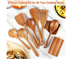 9 Piece Natural Teak Wooden Kitchen Utensil Set with Spoon Rest - Comfort Grip Cooking Spoons and Utensils Holder