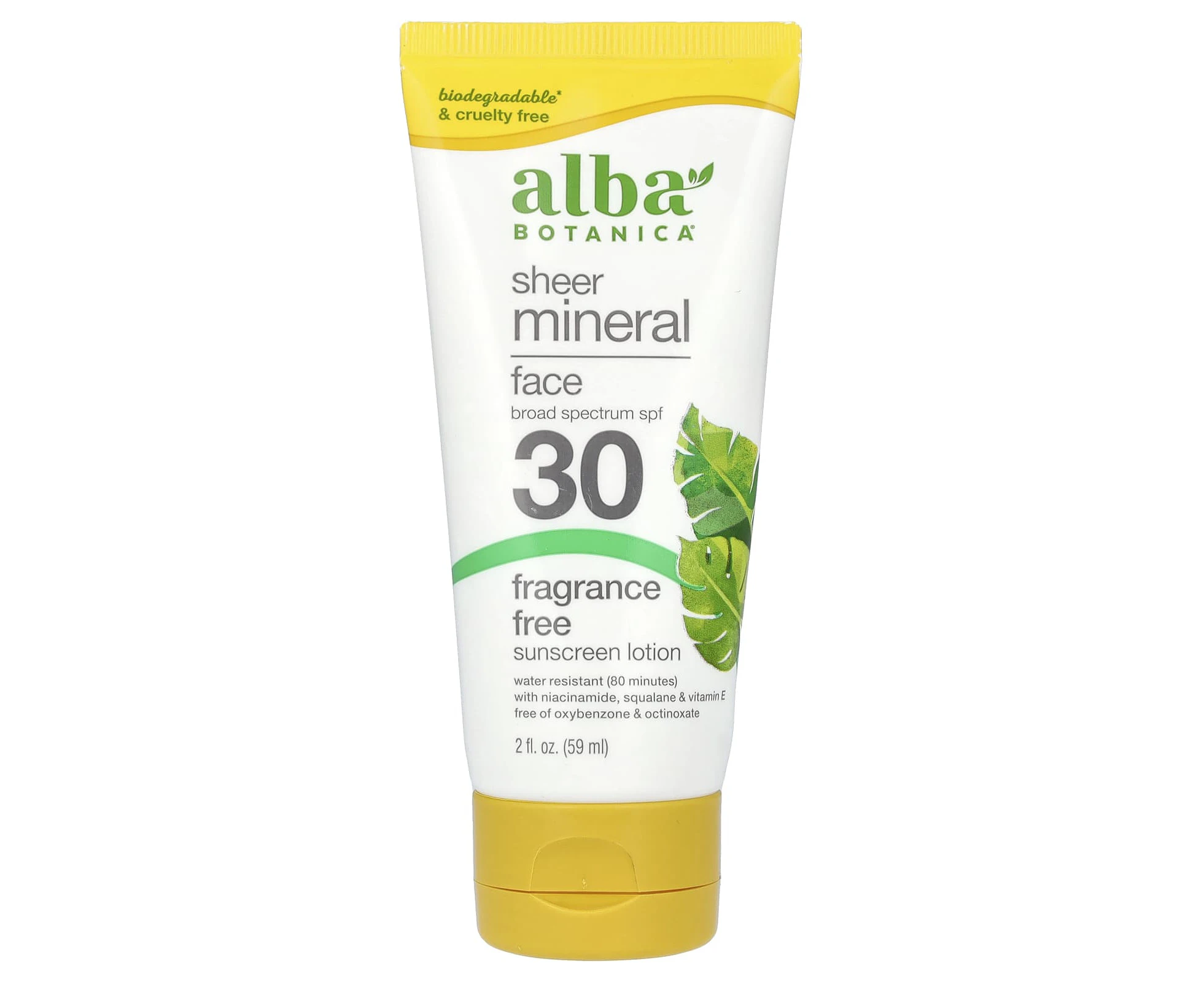 Alba Botanica, Sheer Mineral Face Sunscreen Lotion, SPF 30, Fragrance Free, 2 fl oz (59 ml)