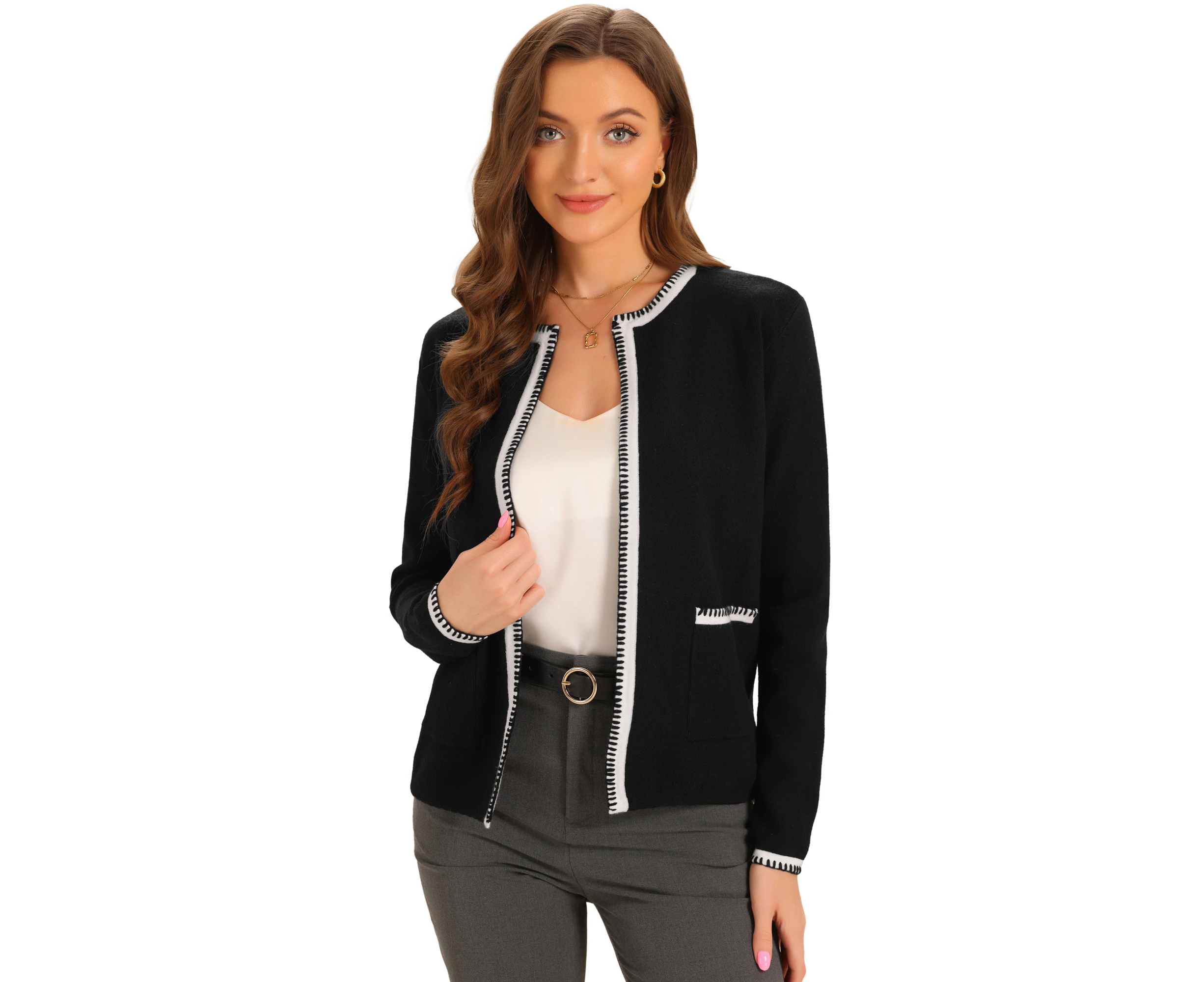 Allegra K Contrast Color Knit Dressy Cardigan Black