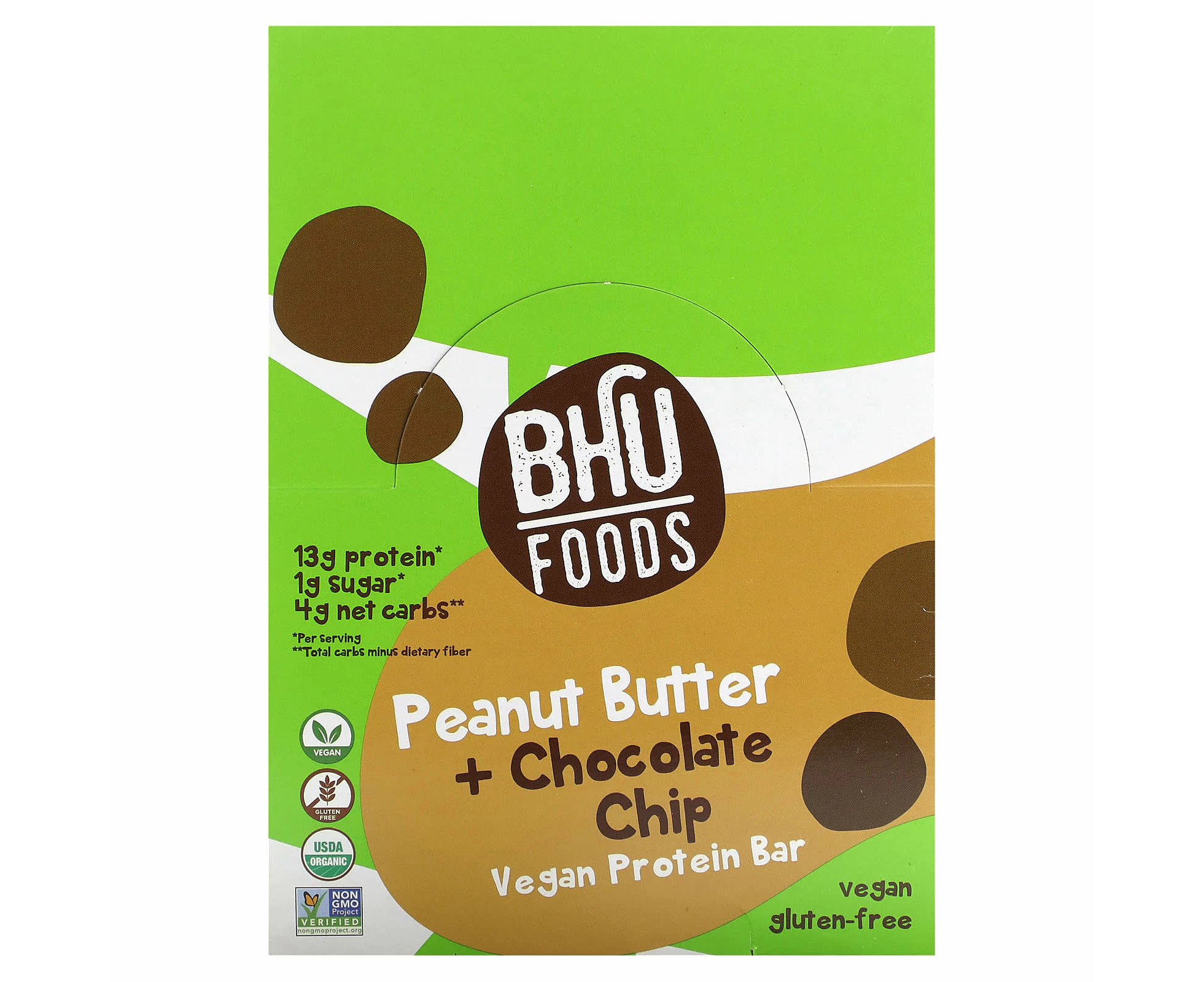 BHU Foods, Vegan Protein Bar, Peanut Butter + Chocolate Chip, 12 Bars, 1.6 oz (45 g) Each