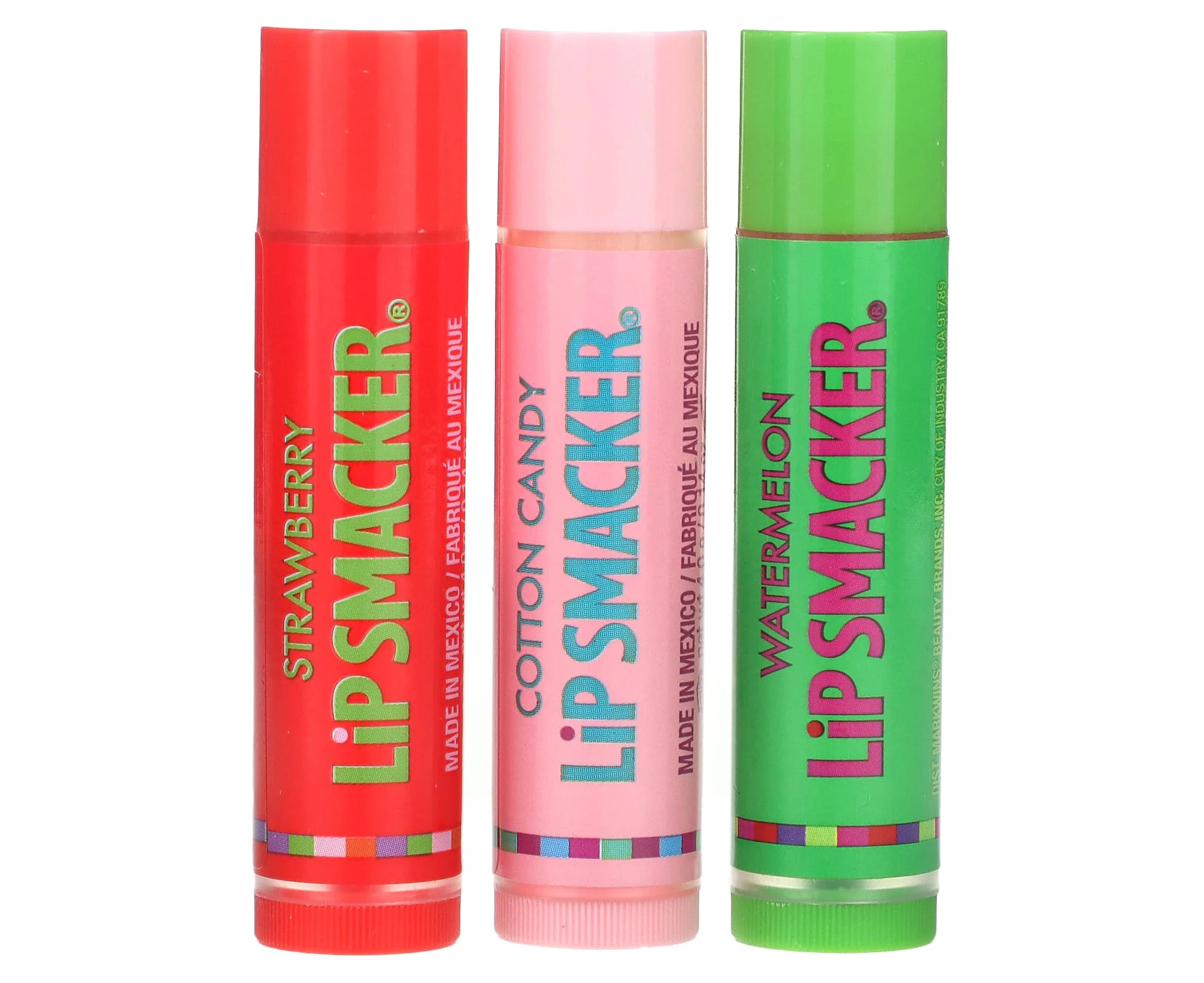 Lip Smacker, Original & Best Flavors, Lip Balm, Strawberry, Cotton Candy, Watermelon, 3 Pack, 0.14 oz (4 g) Each