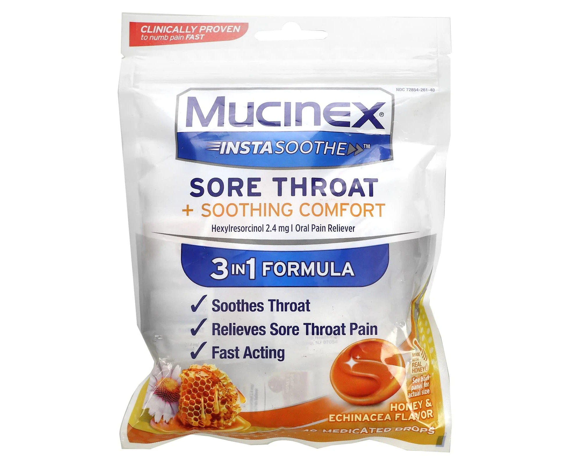 Mucinex, InstaSoothe, Sore Throat + Soothing Comfort, Honey & Echinacea, 40 Medicated Drops