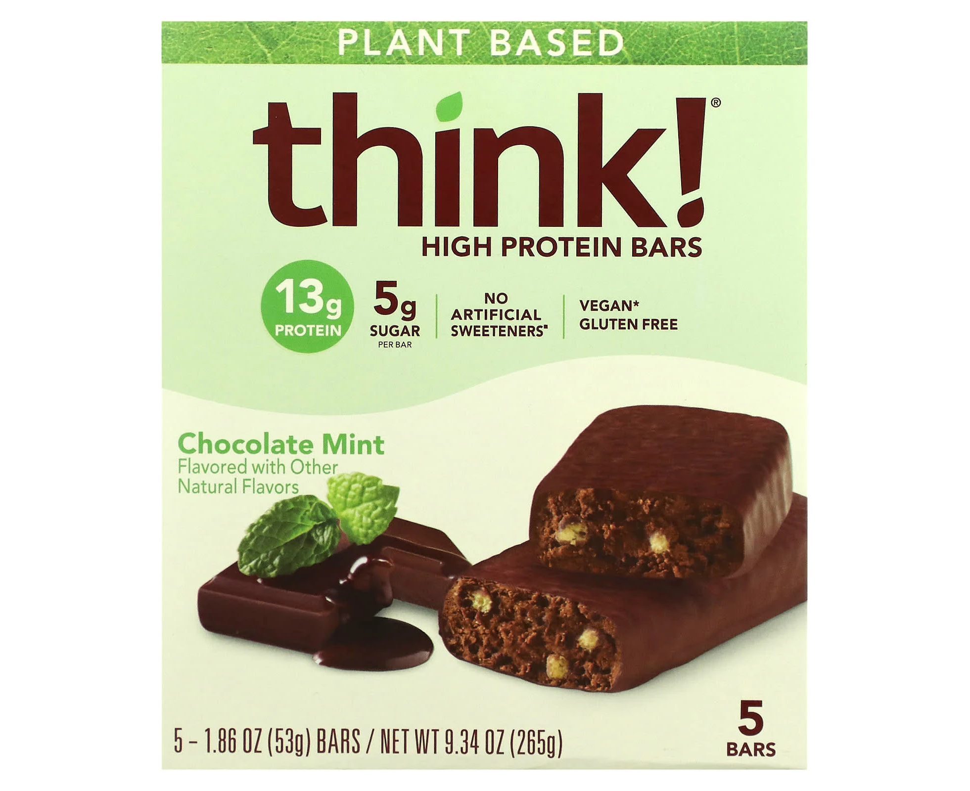 Think !, High Protein Bars, Chocolate Mint, 5 Bars, 1.86 oz (53 g) Each