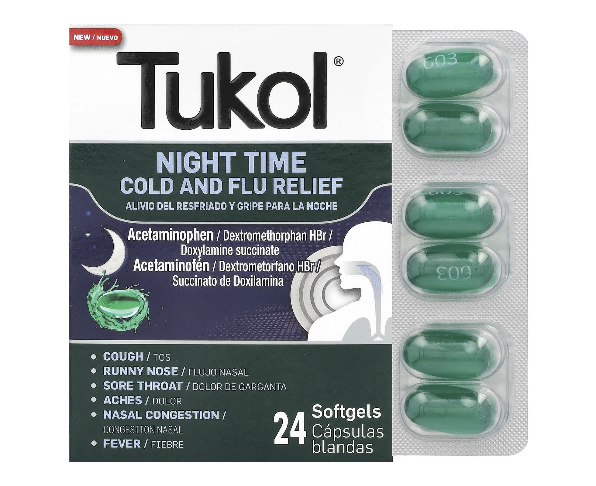 Tukol, Night Time Cold and Flu Relief, 24 Softgels