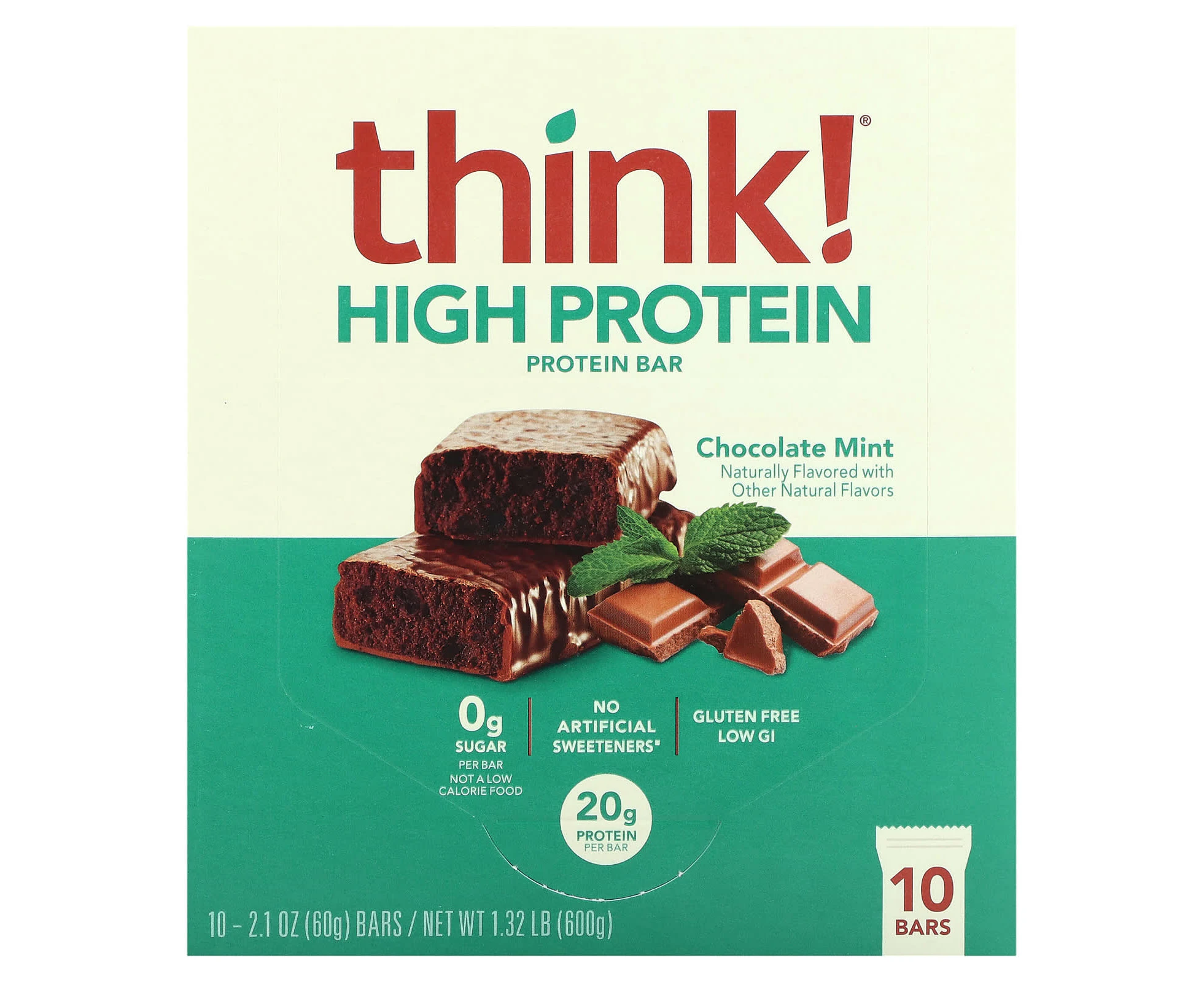 Think !, High Protein Bars, Chocolate Mint, 10 Bars, 2.1 oz (60 g) Each